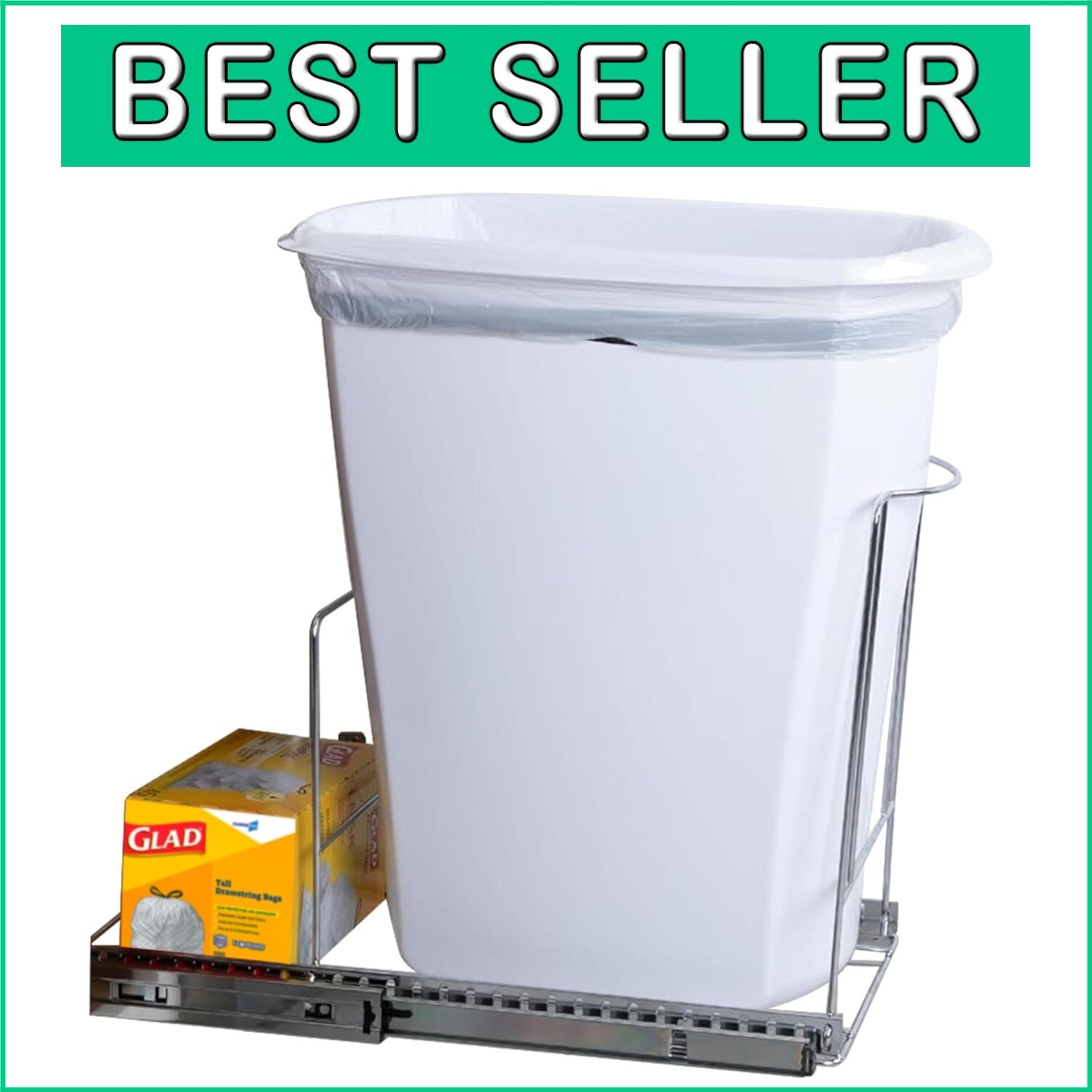 Durable Chrome Finish Pull-Out Trash Bin - Fits 11" W Cabinets, 50 lbs Capacity