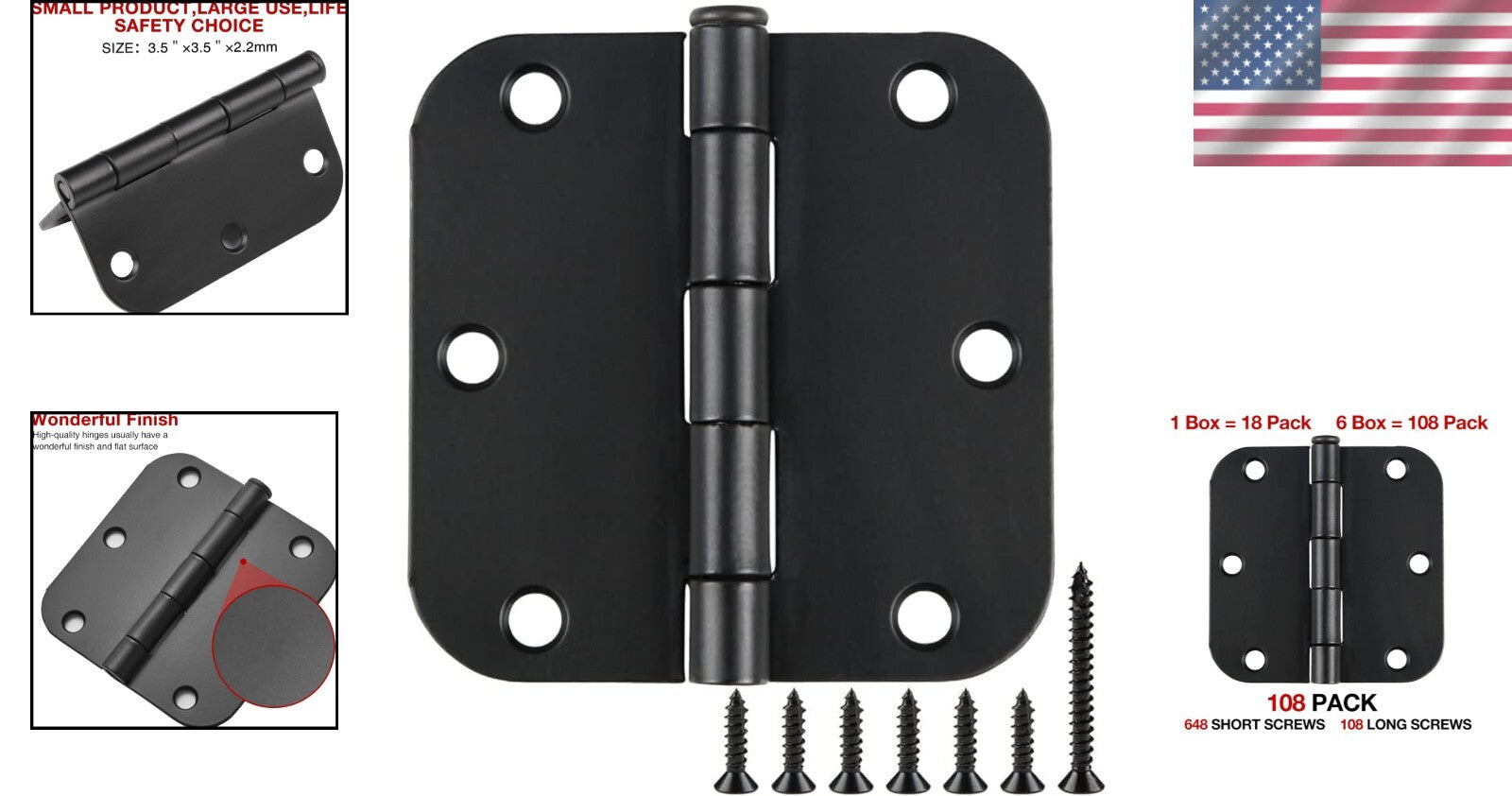 Elegant Rounded Matte Black Door Hinges 3.5'' - 108 Pack for Modern Homes