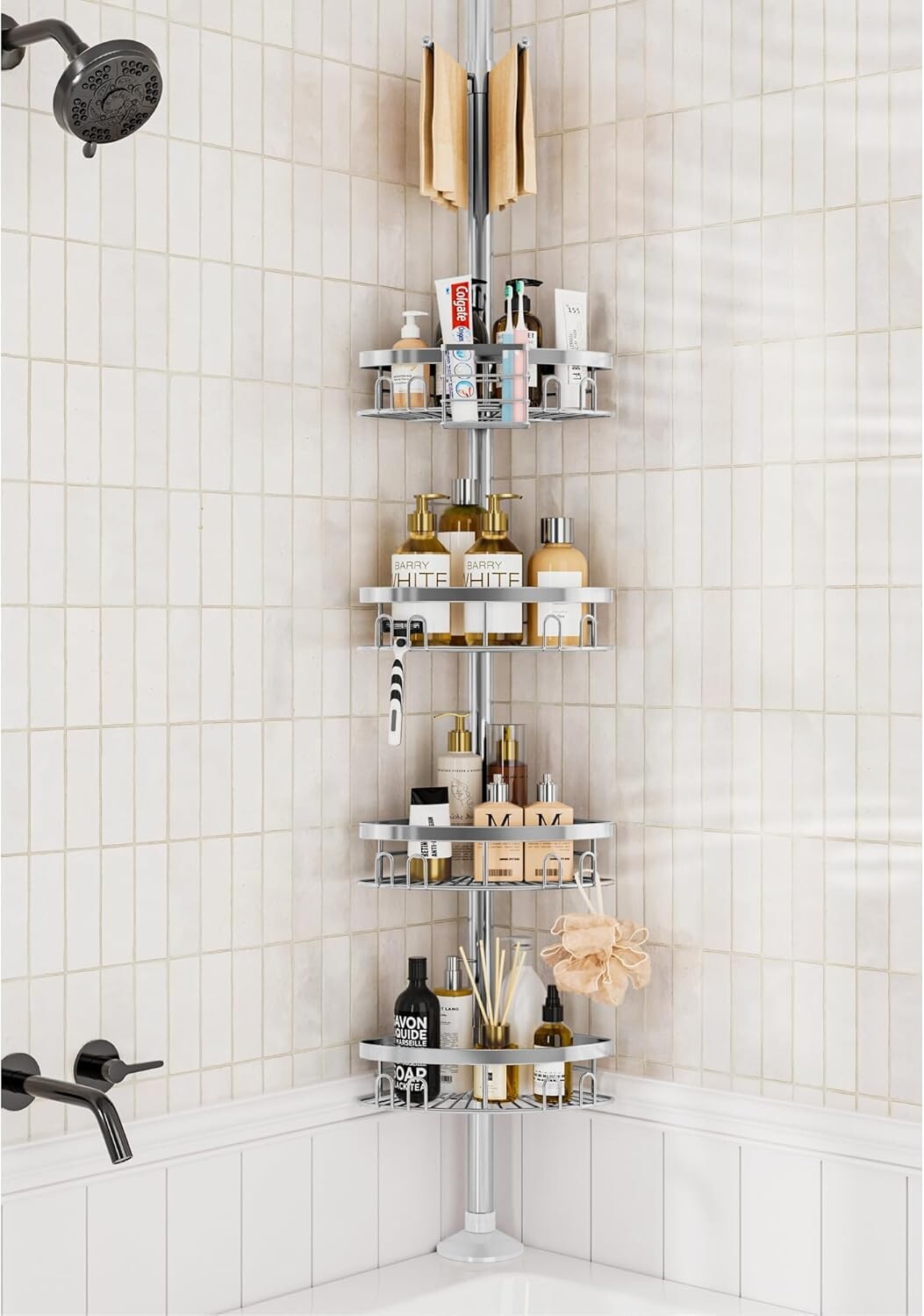 Stainless Steel Shower Corner Shelf with Adjustable Height & Towel Bar - Silver