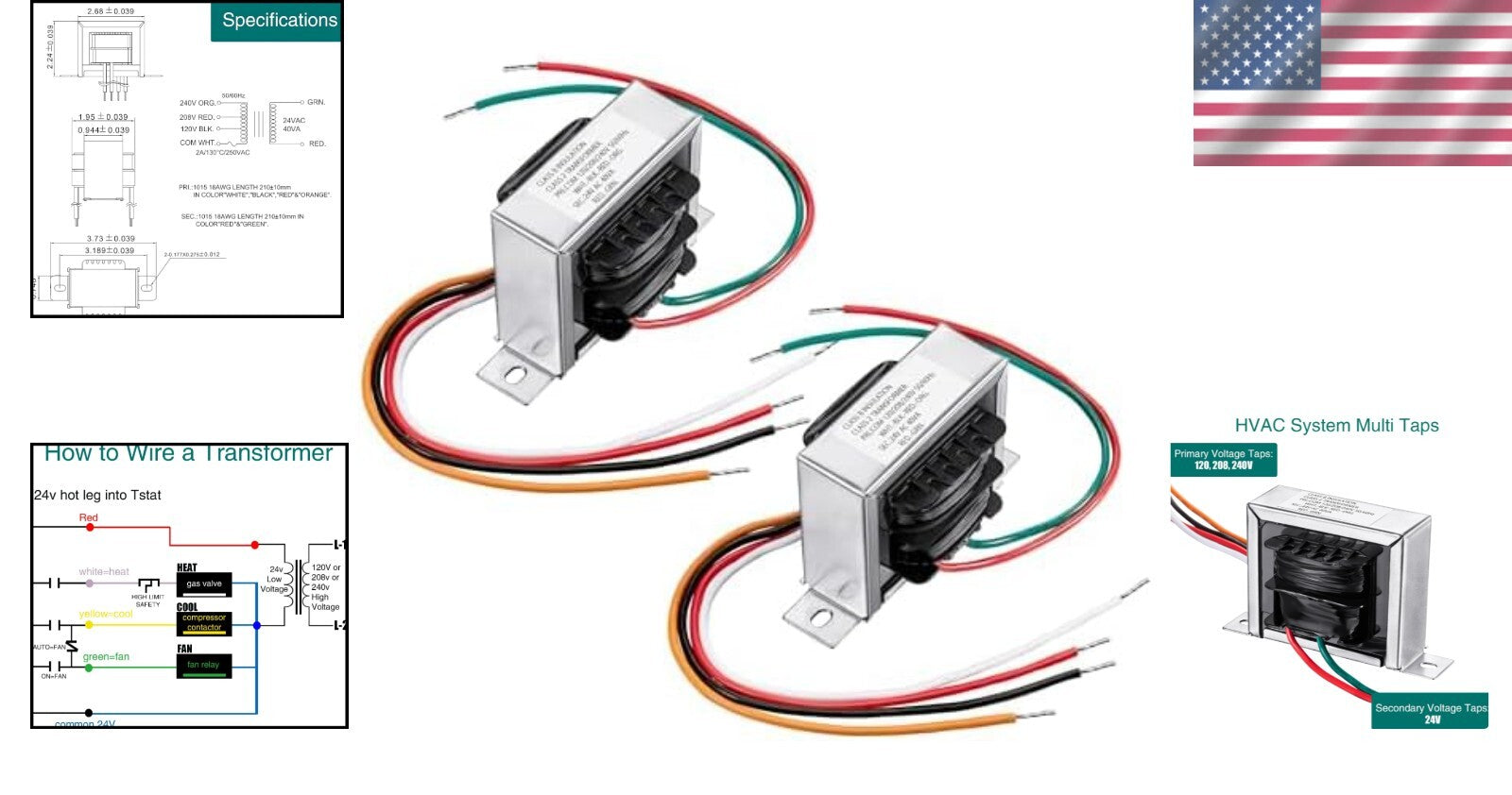 UL Certified 24V Control Transformer - Perfect for HVAC Applications (2 Pk)