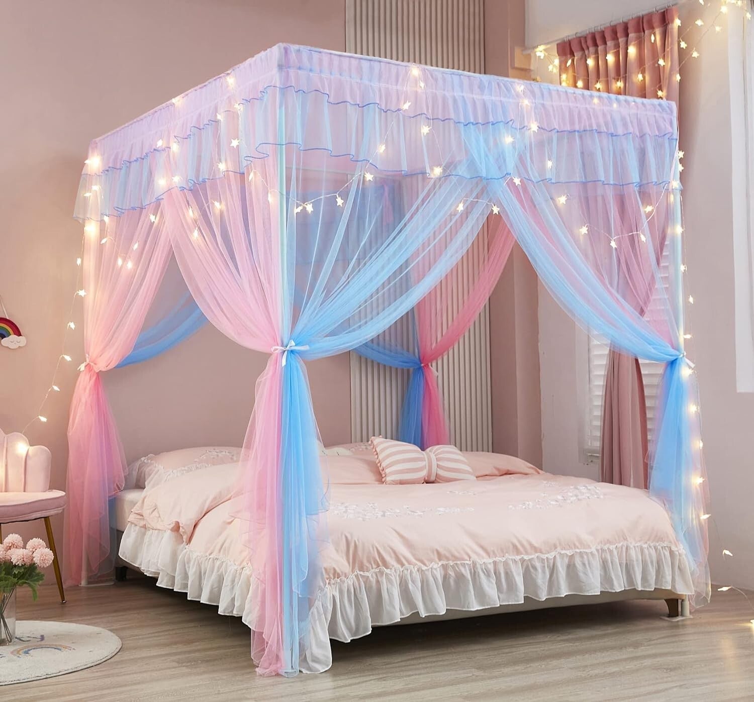 Deluxe Rainbow Princess Bed Canopy with Built-In Lights - Cozy Queen Size Decor