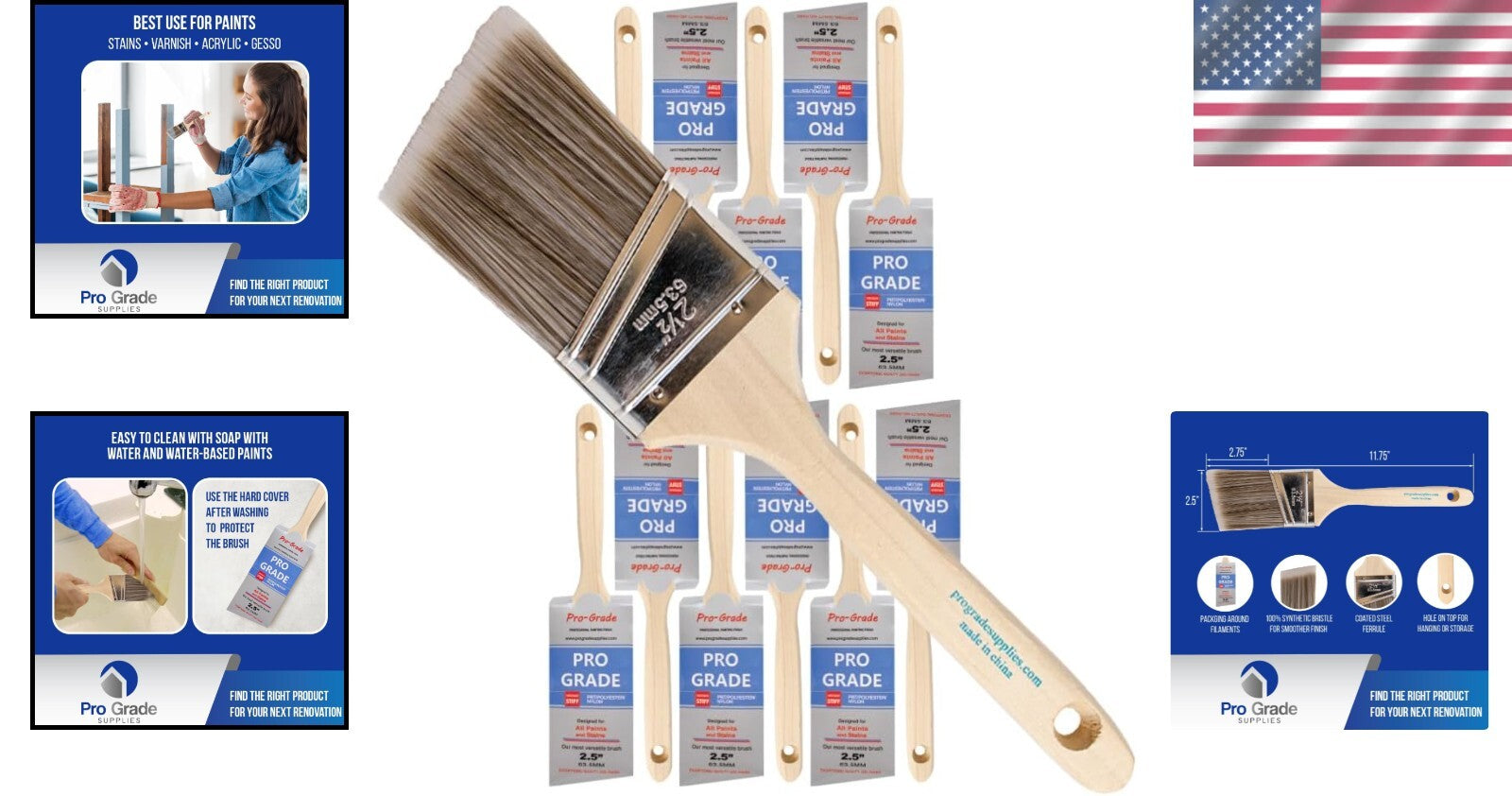 12-Pack 2.5-Inch Angle Paint Brushes with Comfort Grip for Precision Painting