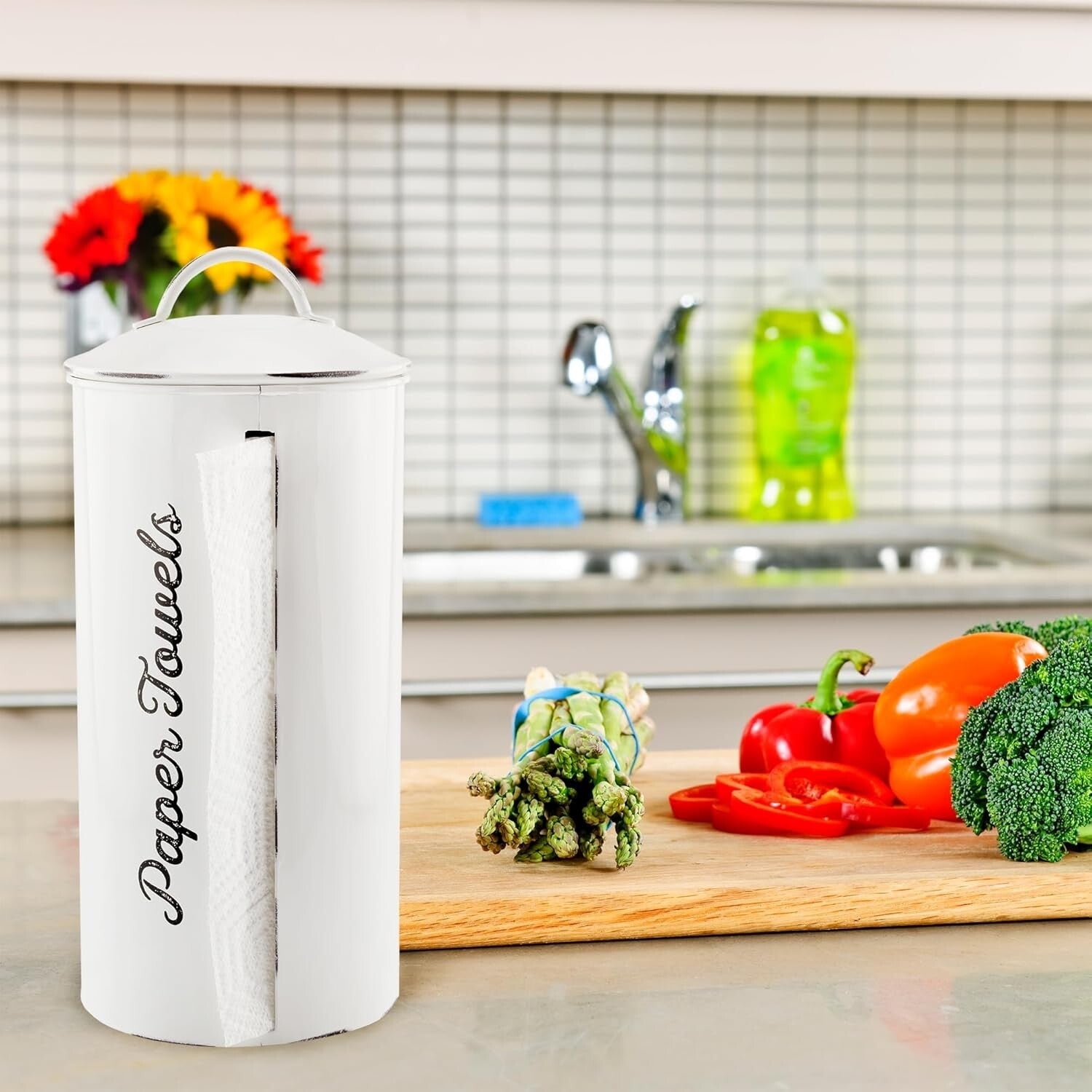 Durable Enclosed Paper Towel Holder - Stylish White Rustic Decor for Kitchen