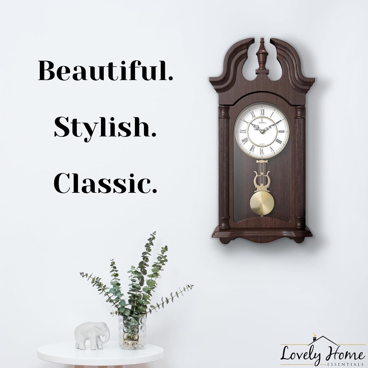 Elegant Dark Wood Pendulum Wall Clock - Battery Operated, Silent, 23.5x9 inches