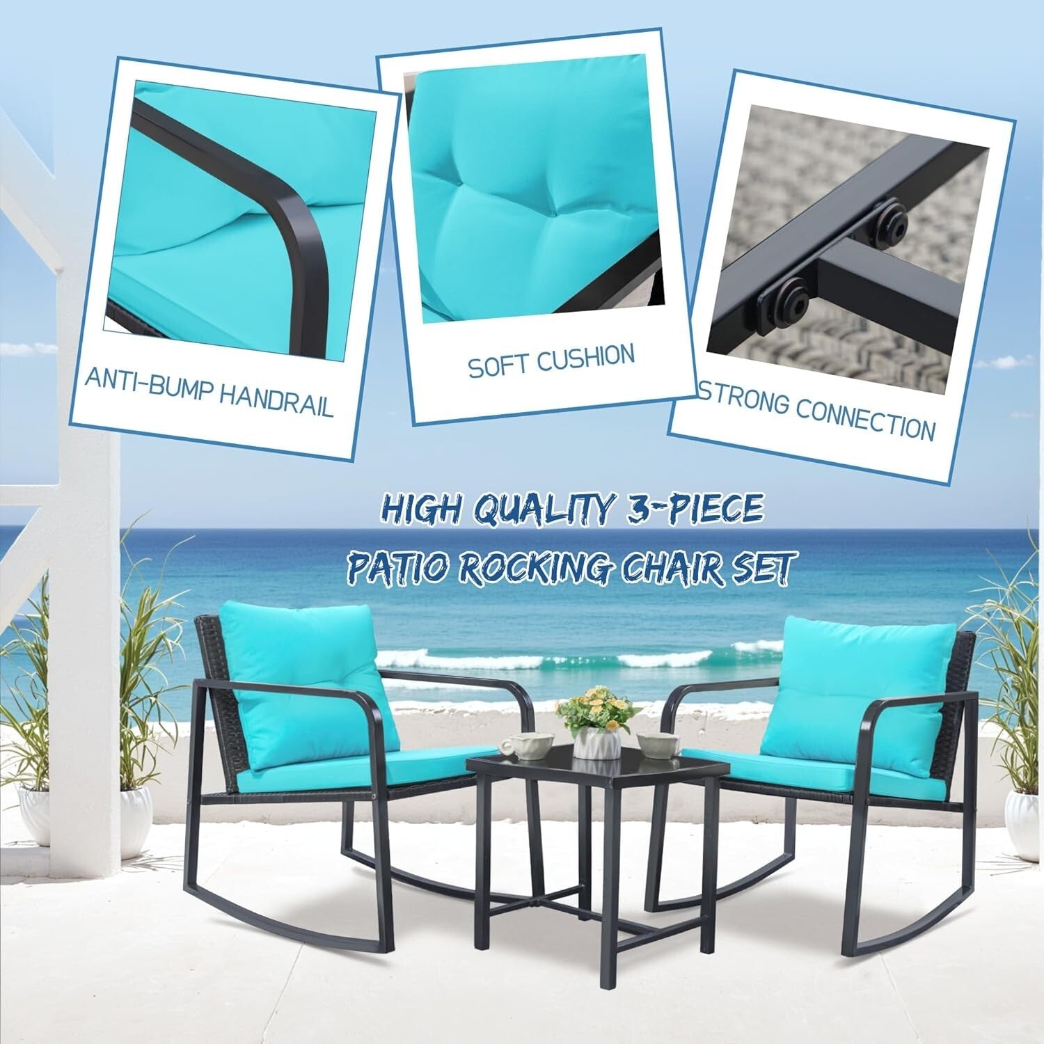 Durable Patio 3-Piece Rocking Wicker Set with Glass Table - Blue Elegance