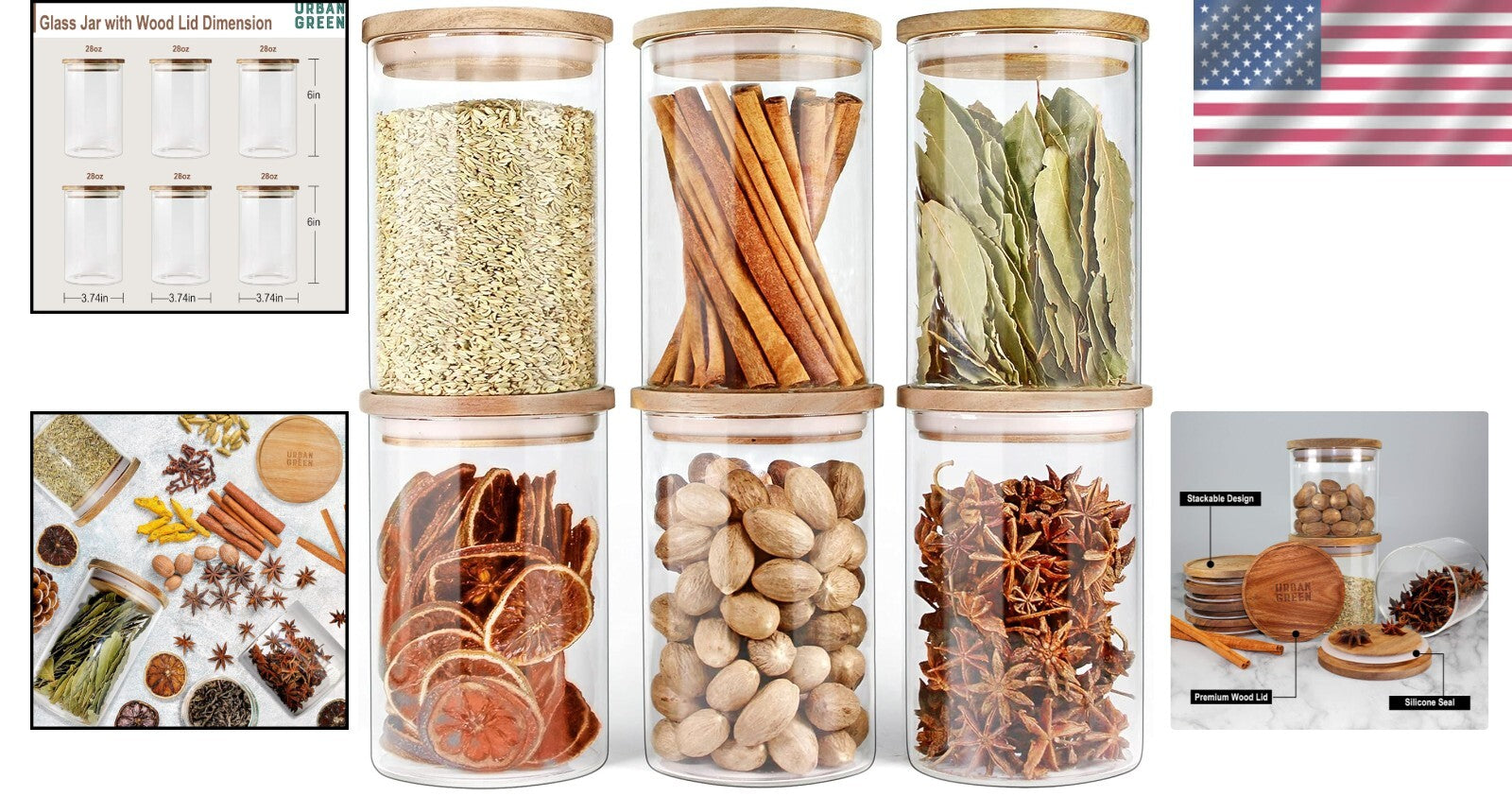 Stackable 6-Pack Airtight Glass Canisters with Durable Wood Lids - 27oz Each