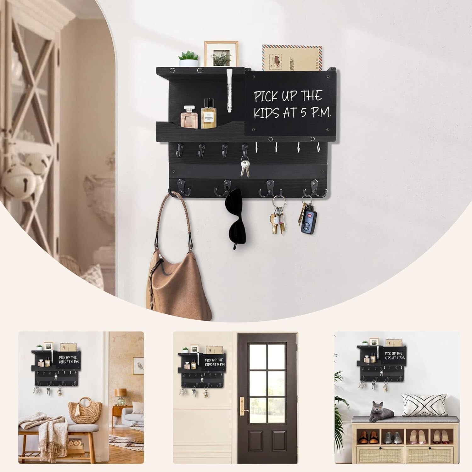 Antique Finish Key and Mail Holder with Chalkboard and Rustic Shelf Design