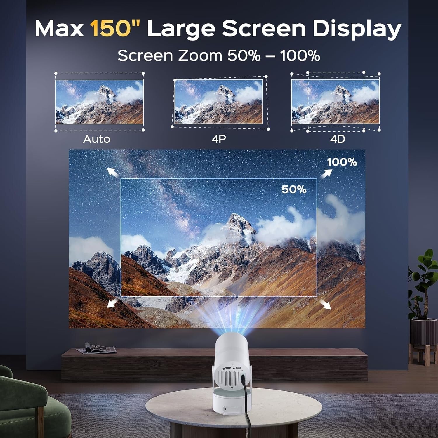 4K Mini Projector: WiFi, Bluetooth & Immersive 150'' Display for Gaming & Movies