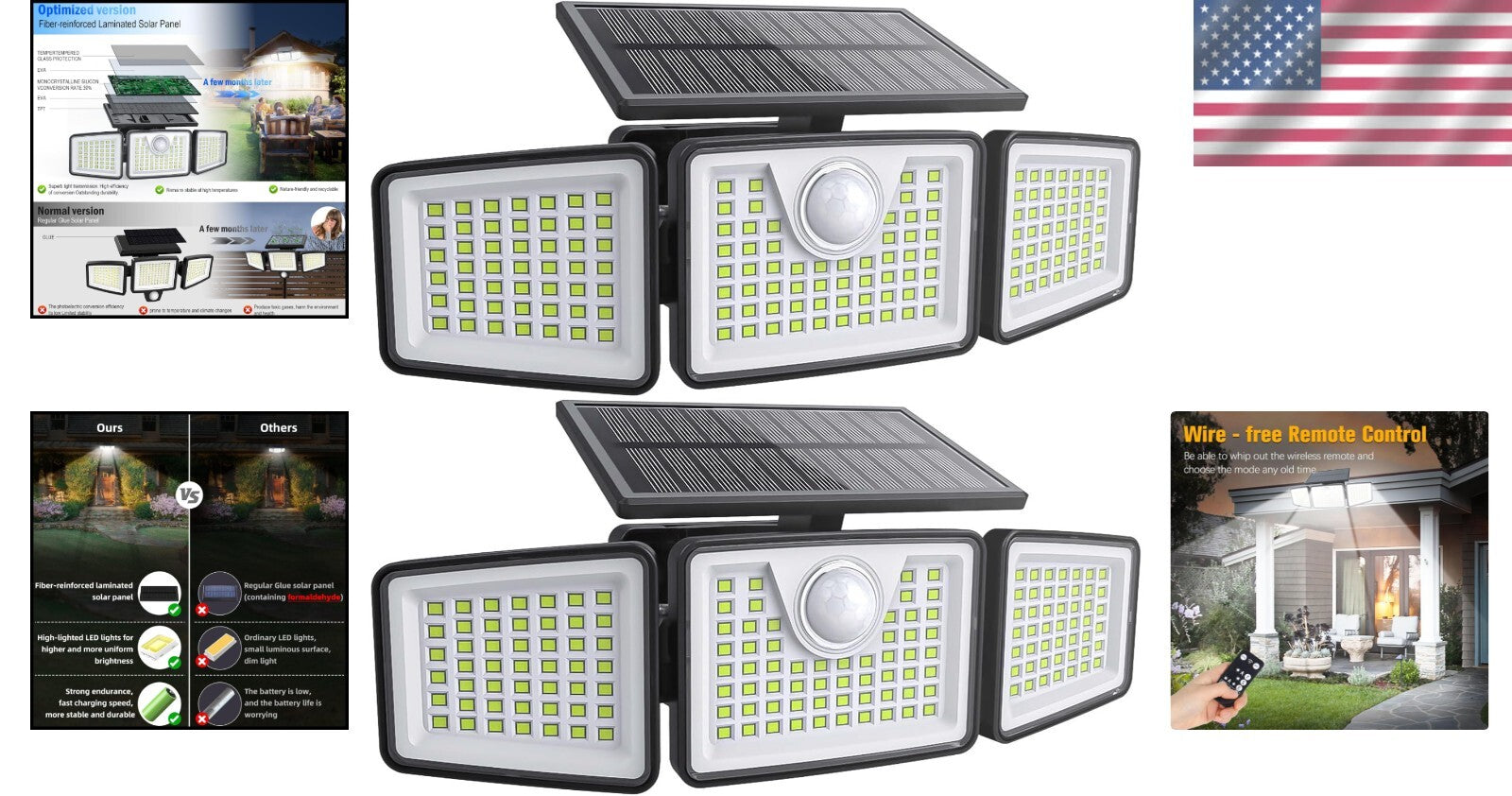 IP65 Waterproof Solar 3-Head Lights with Motion Sensor, 270° Wide Angle - 2 Pcs