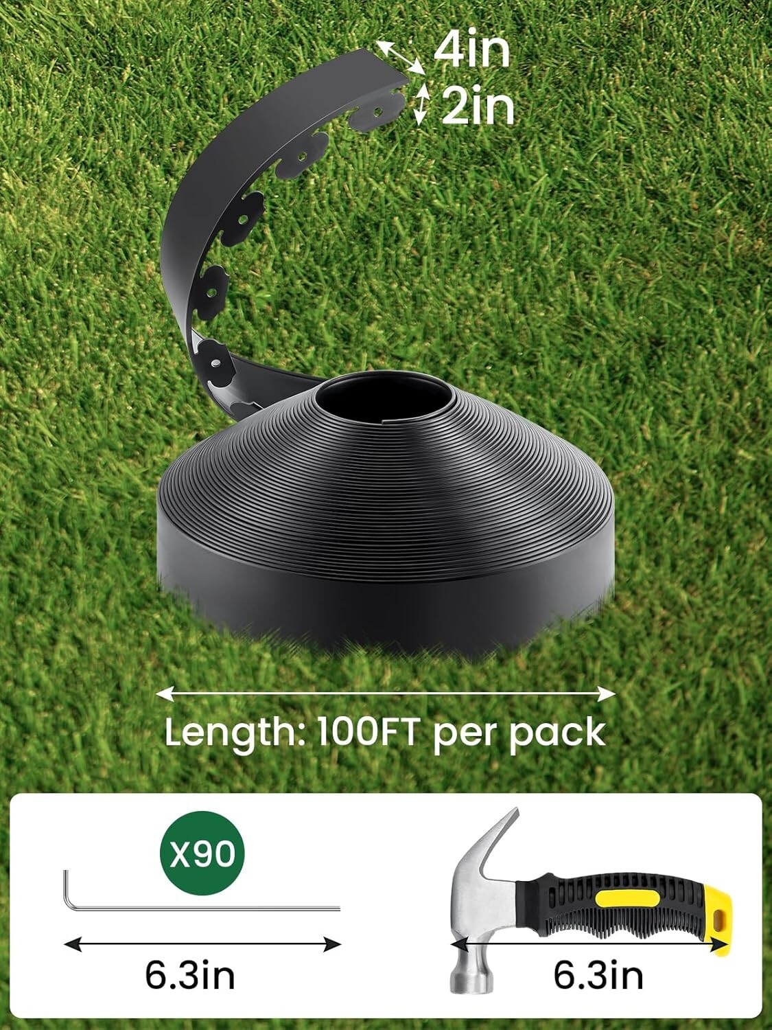 Trenchless 4" Tall Rubber Garden Edging - Flexible Landscape Border with Hammer