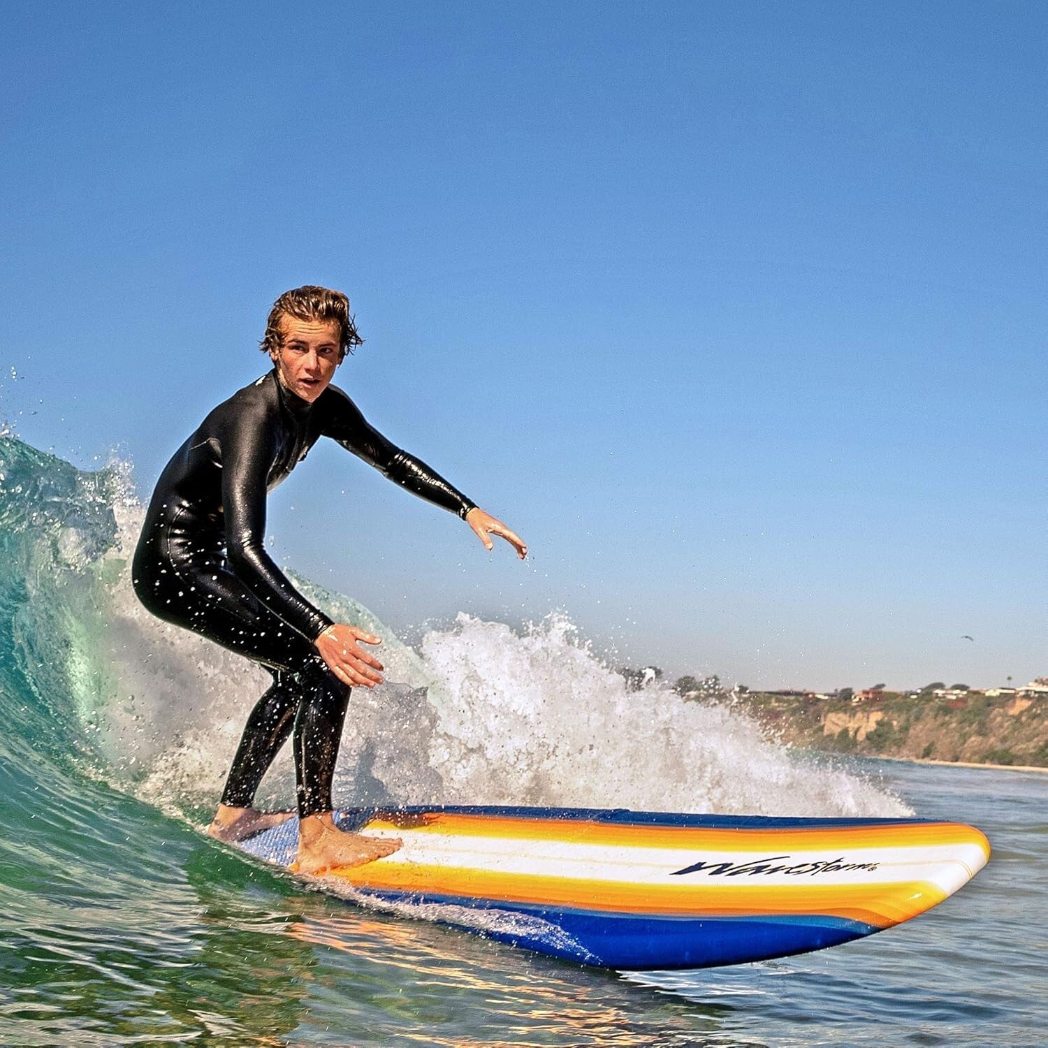 8ft Classic Longboard Surfboard for Beginners - Soft Foam & Stylish Org Burst