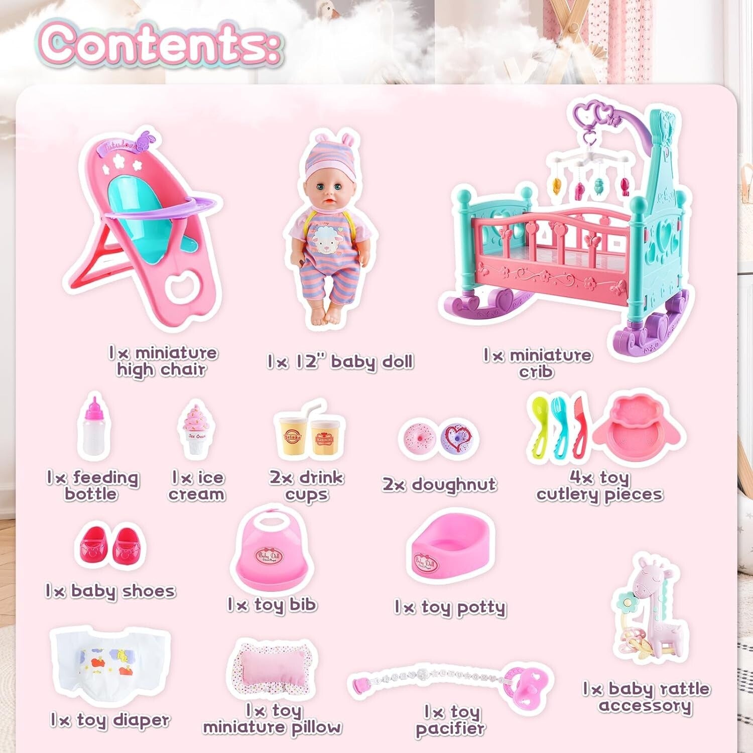 Safe 12” Baby Doll Toy Set with Crib, High Chair & Accessories for Pretend Play