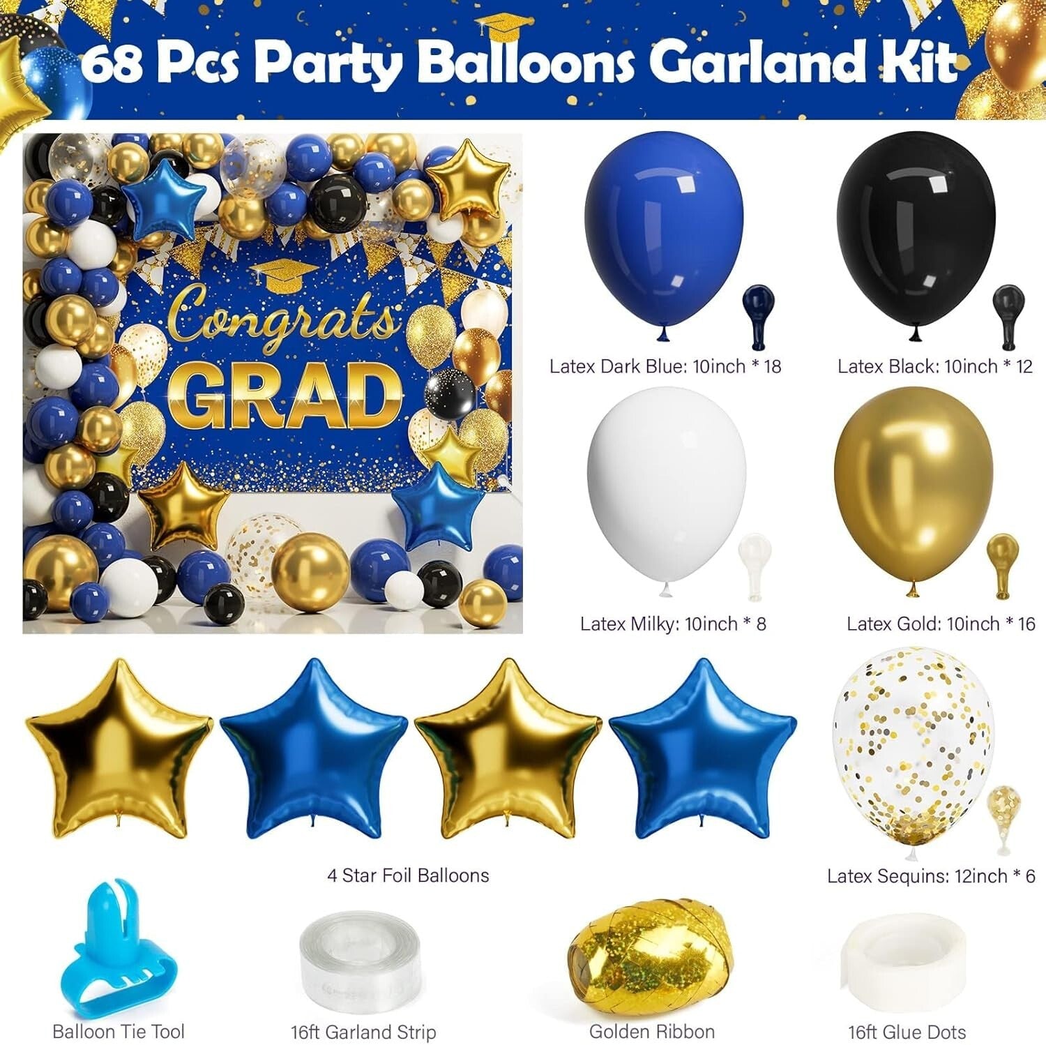 2025 Graduation Party Supplies - 245 PCS Blue & Gold Complete Decoration Kit