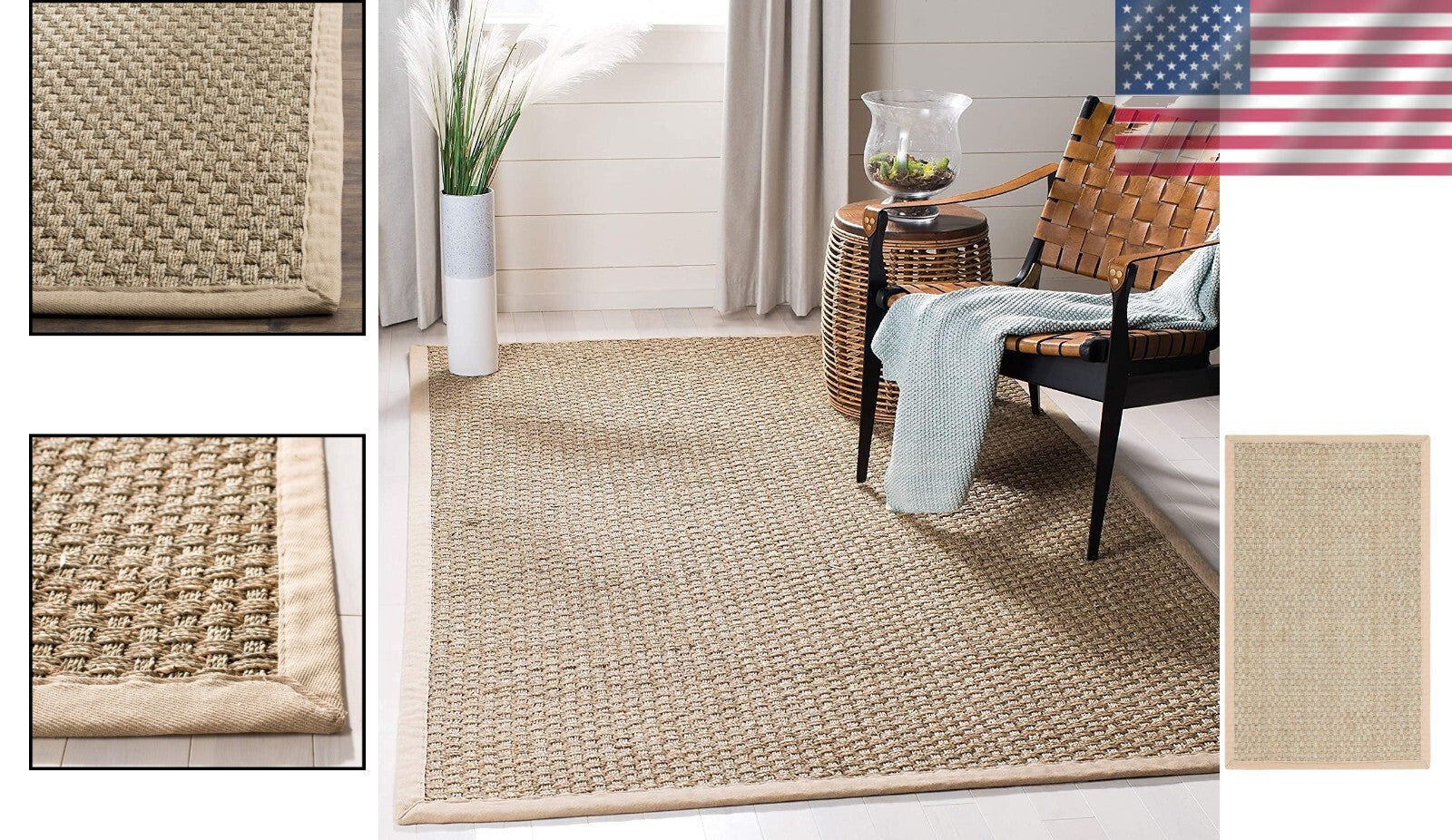 Eco-Friendly 3' x 5' Seagrass Accent Rug with Cotton Border - Durable & Stylish