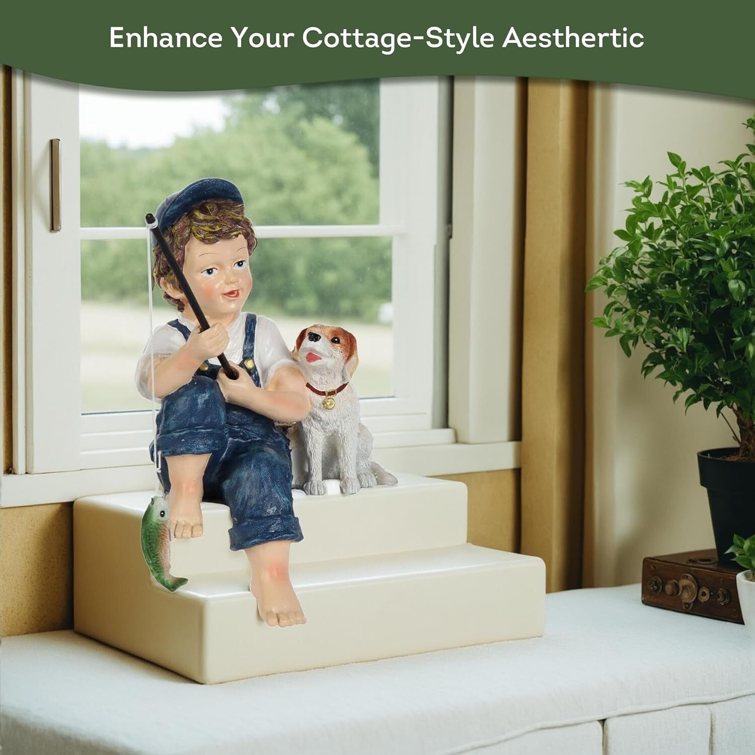 Endearing 10-Inch Fishing Boy & Dog Resin Statue for Enhanced Garden Charm