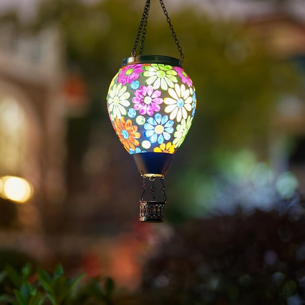 Waterproof Glass Mosaic Hot Air Balloon Lantern - Solar Powered Elegance