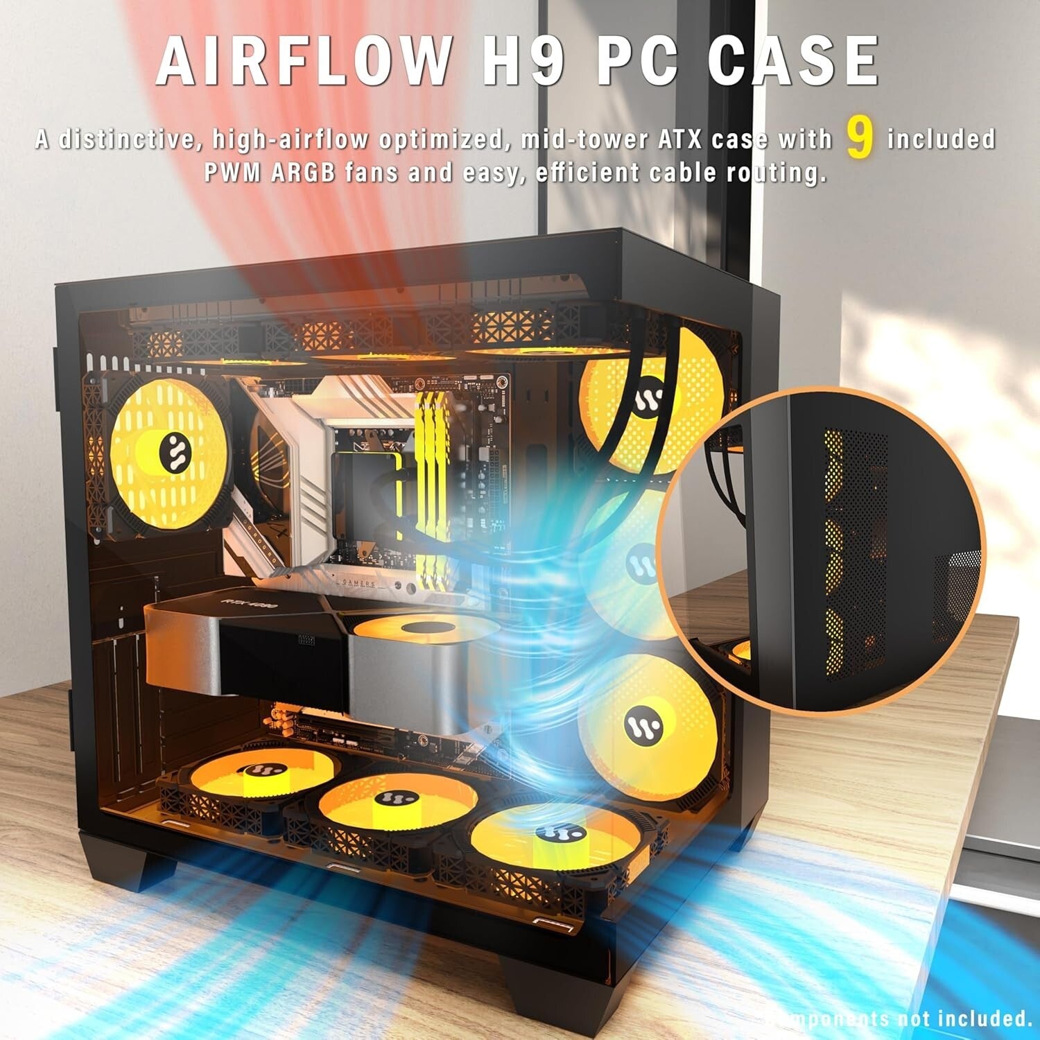 Efficient Mid-Tower Gaming Case: 9 ARGB Fans, Dual Glass, 360mm Radiator Support