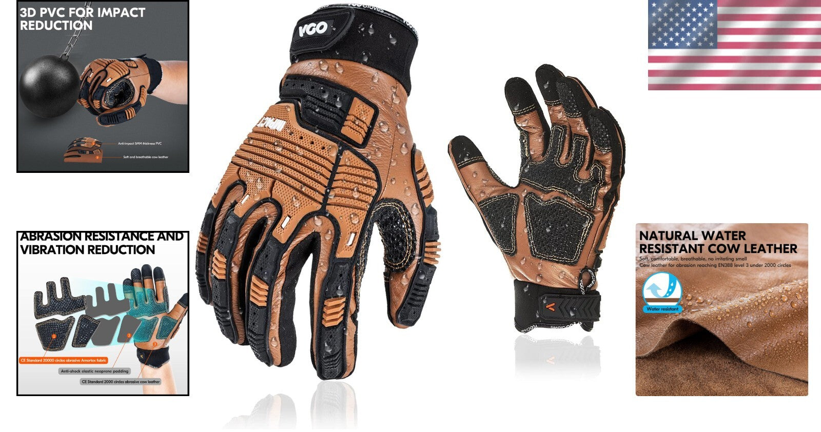 Impact Resistant Leather Work Gloves with Easy Fit and Touchscreen Compatibility