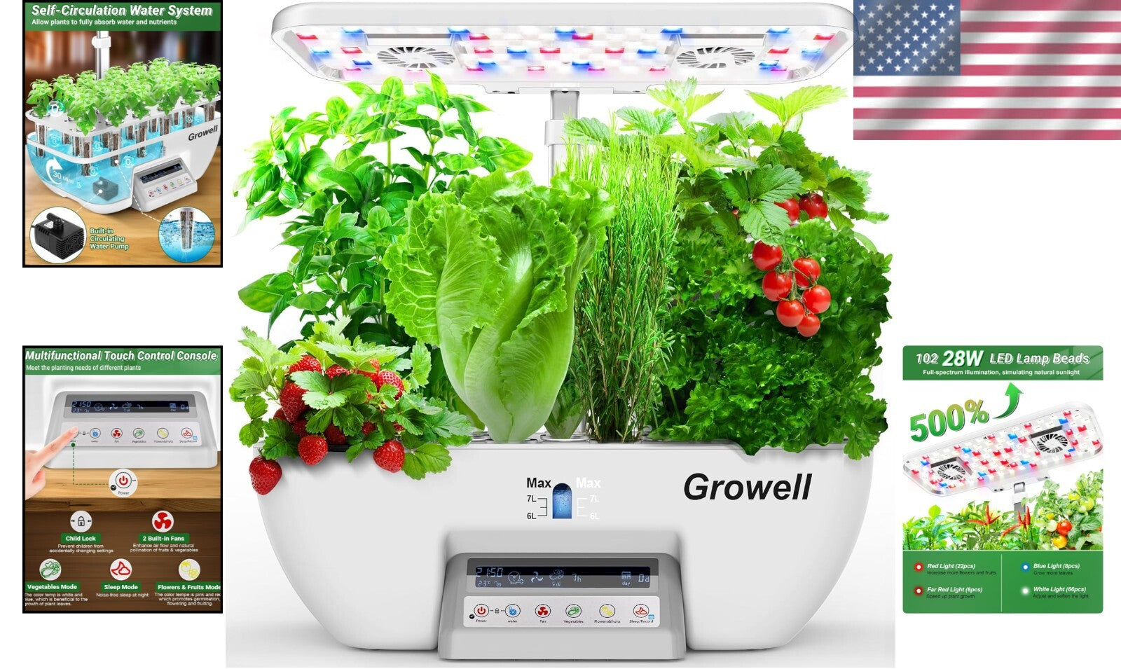 Modern Hydroponic Garden Kit with 28W LED Lights, 10L Tank & Child Lock Feature