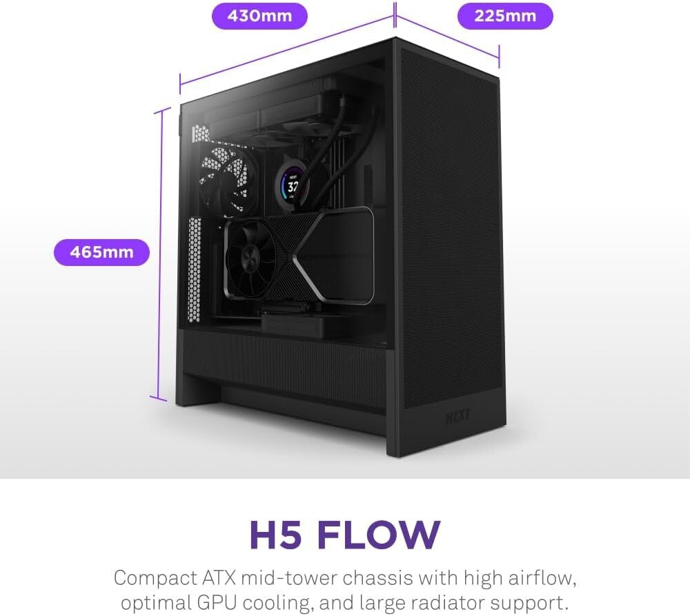 Durable H5 Flow 2024 Mid-Tower Case - 120mm Fans, Tempered Glass, & Black Finish