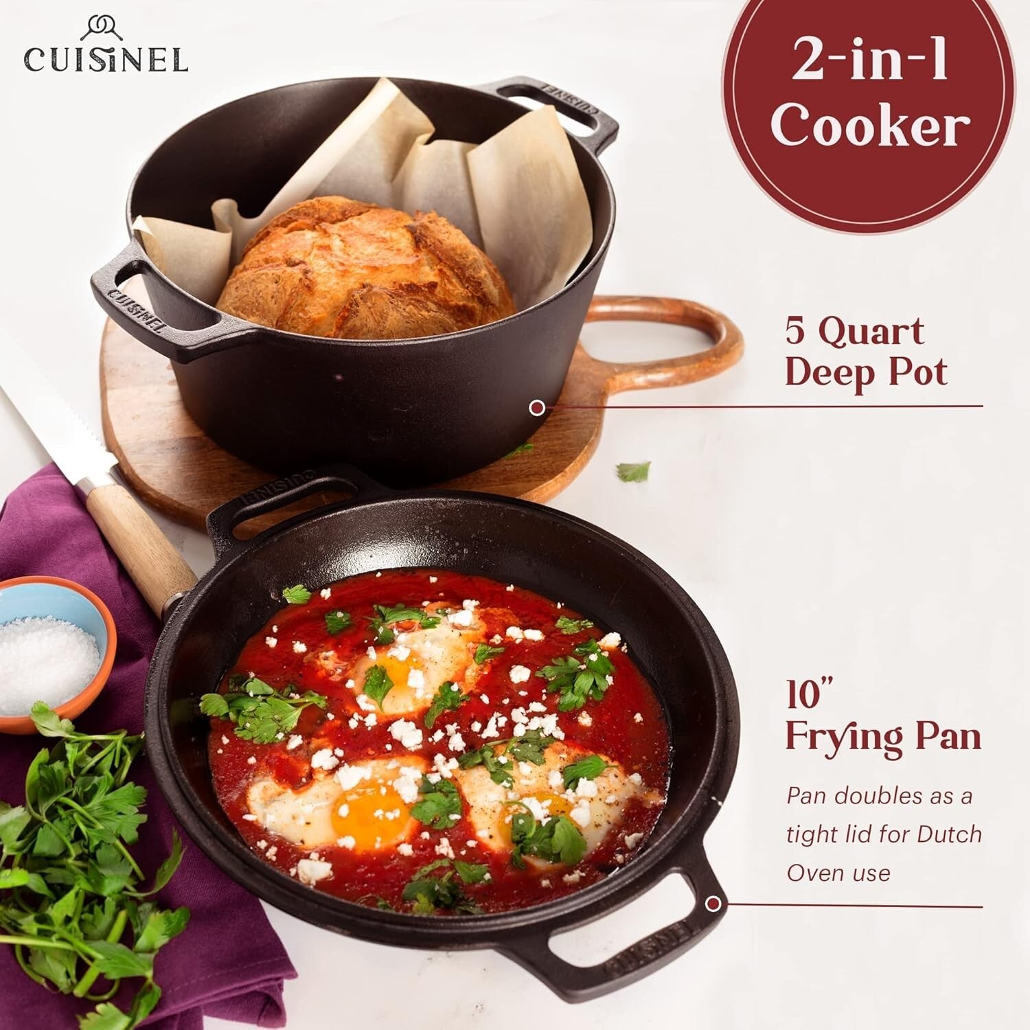 Versatile 5-Quart Cast Iron Dutch Oven with Dual Handles and Silicone Covers
