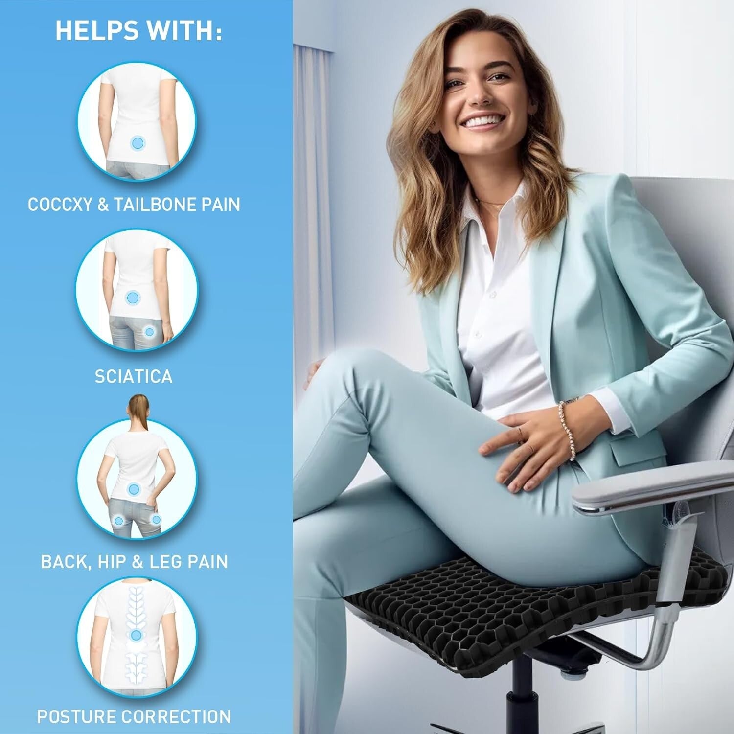 Pain-Relief Gel Seat Cushion with Non-Slip Bottom - Perfect for All Chairs