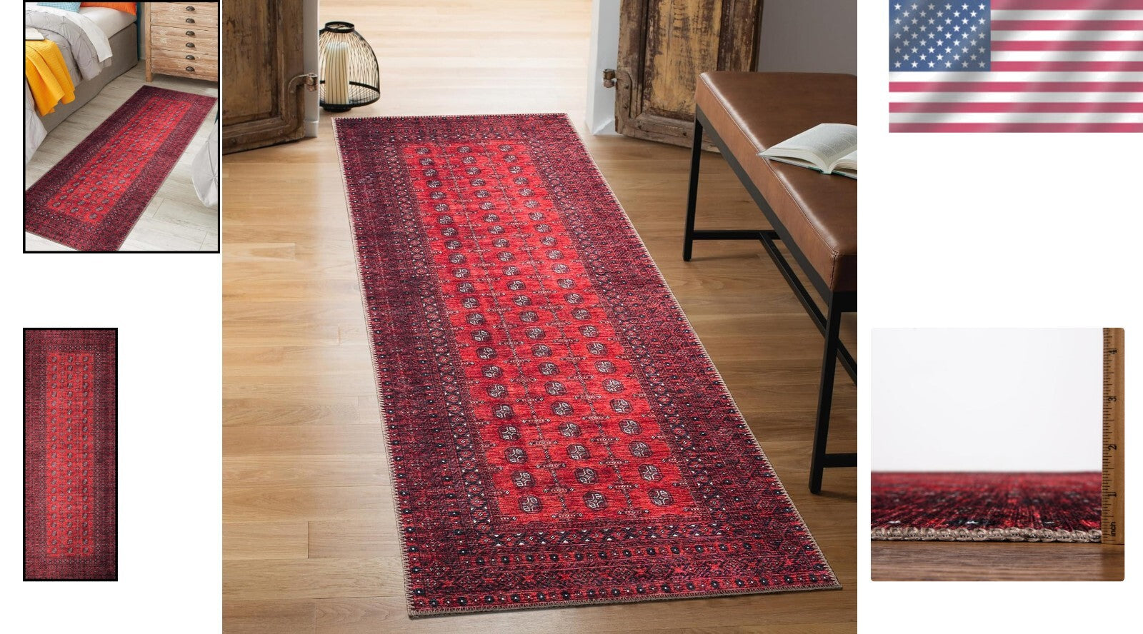 Durable Machine Washable Rug 2x10 - Red Geometric Pattern for High Traffic Areas