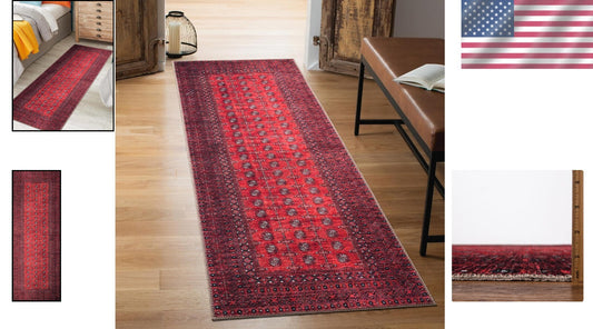 Durable Machine Washable Rug 2x10 - Red Geometric Pattern for High Traffic Areas