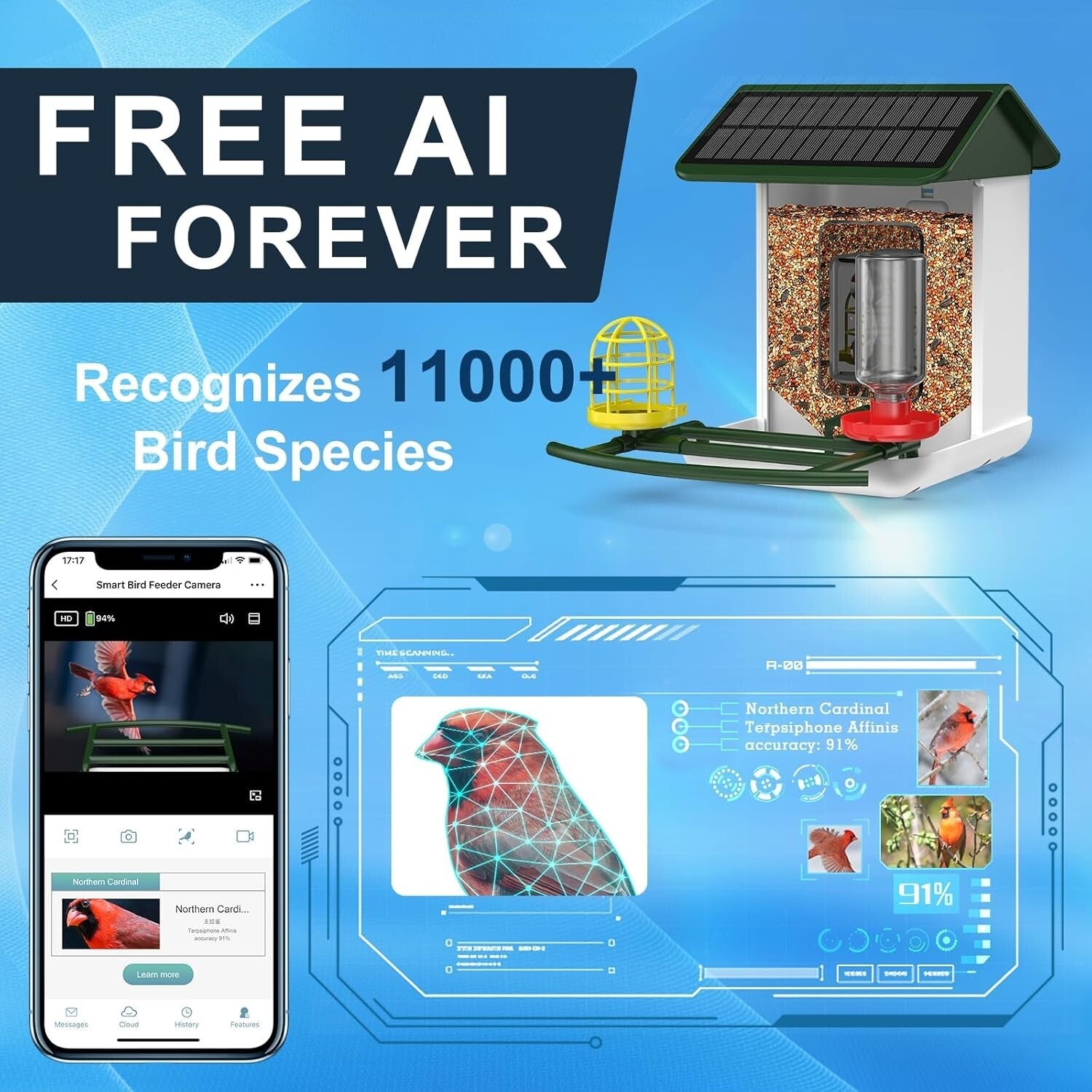 1080P HD Bird Feeder Camera with Solar Power and Real-Time App Notifications