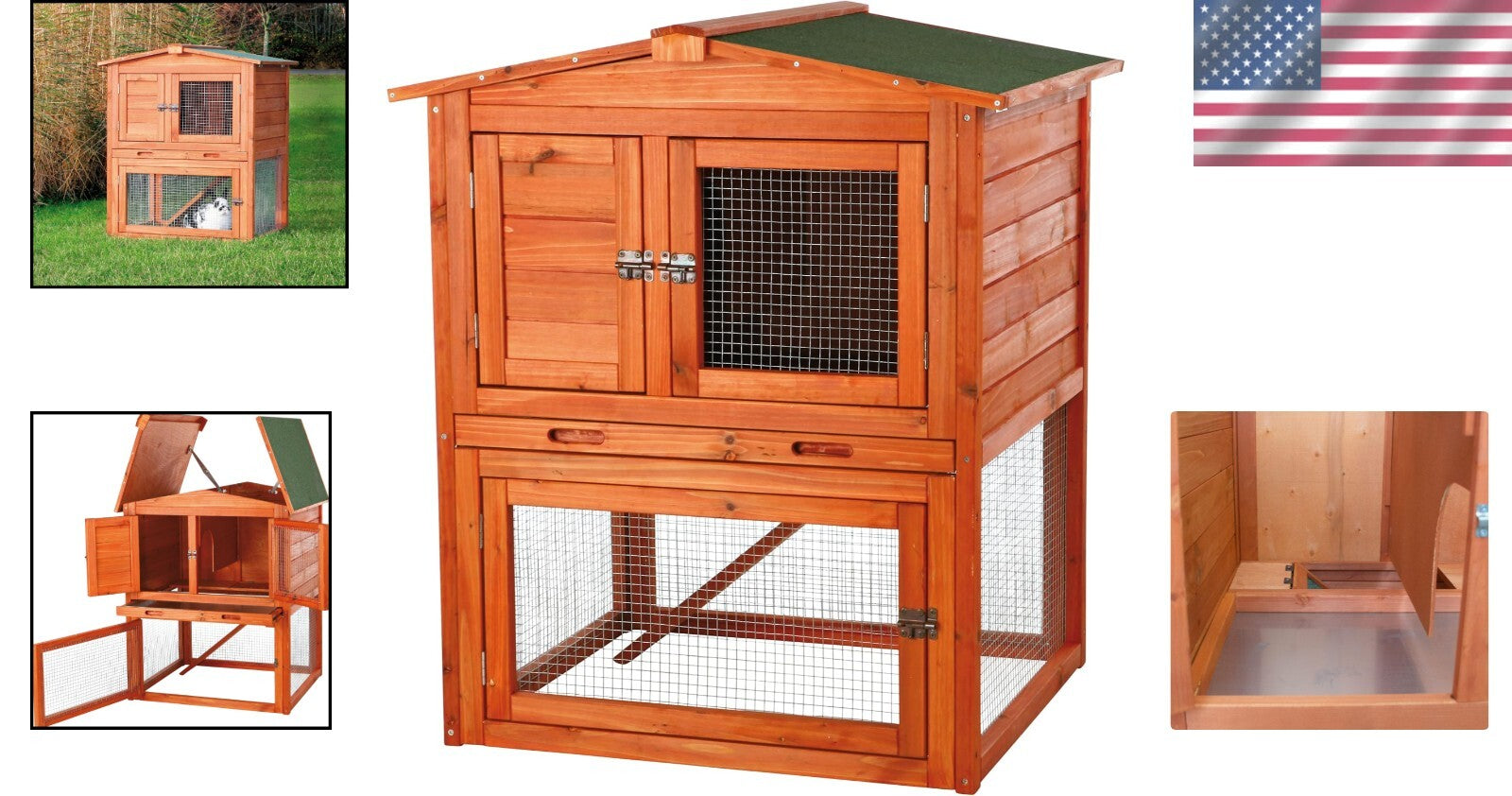 Natura Wood Rabbit Hutch with Pull-Out Tray & Hinged Roof for Easy Access