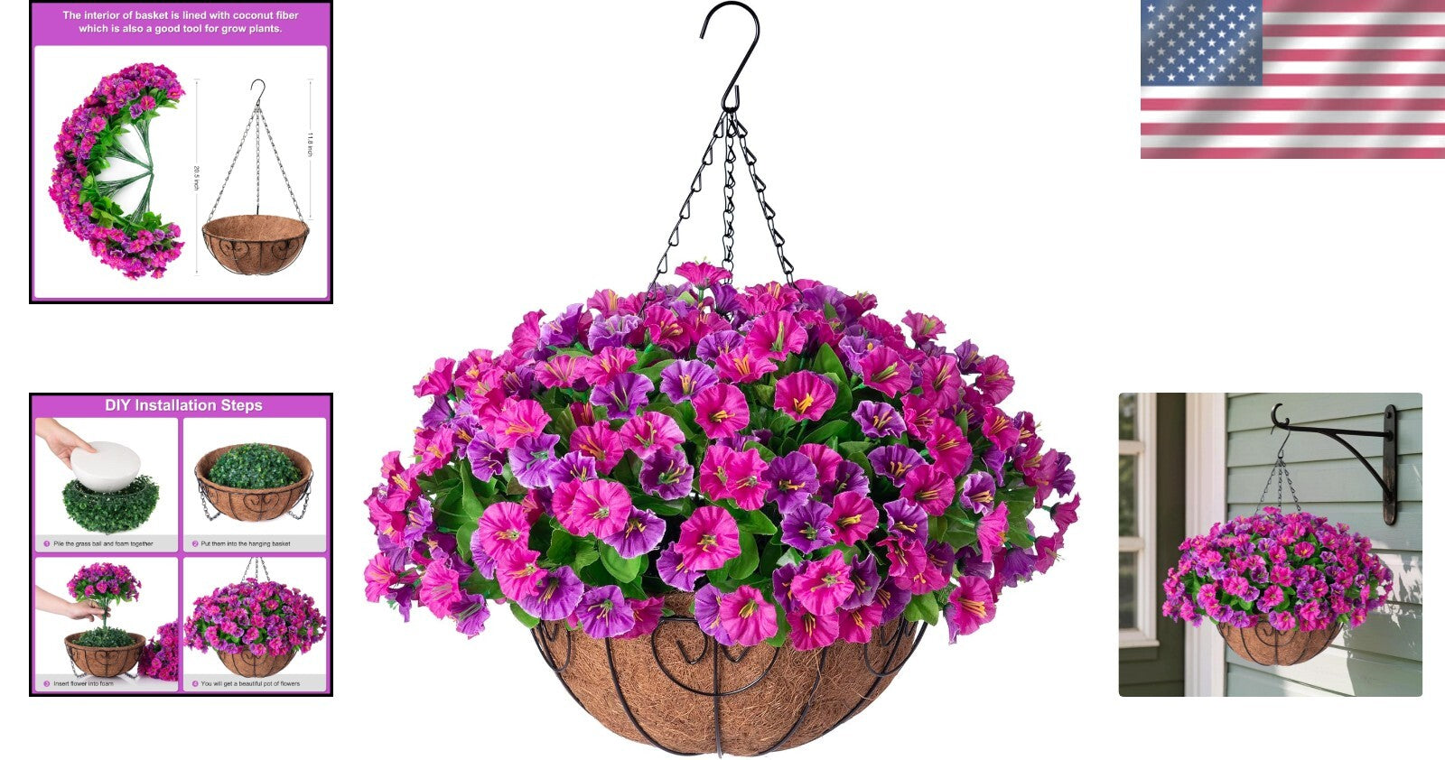 Elegant Faux Silk Petunias in Coconut Basket - Indoor/Outdoor Hanging Flowers