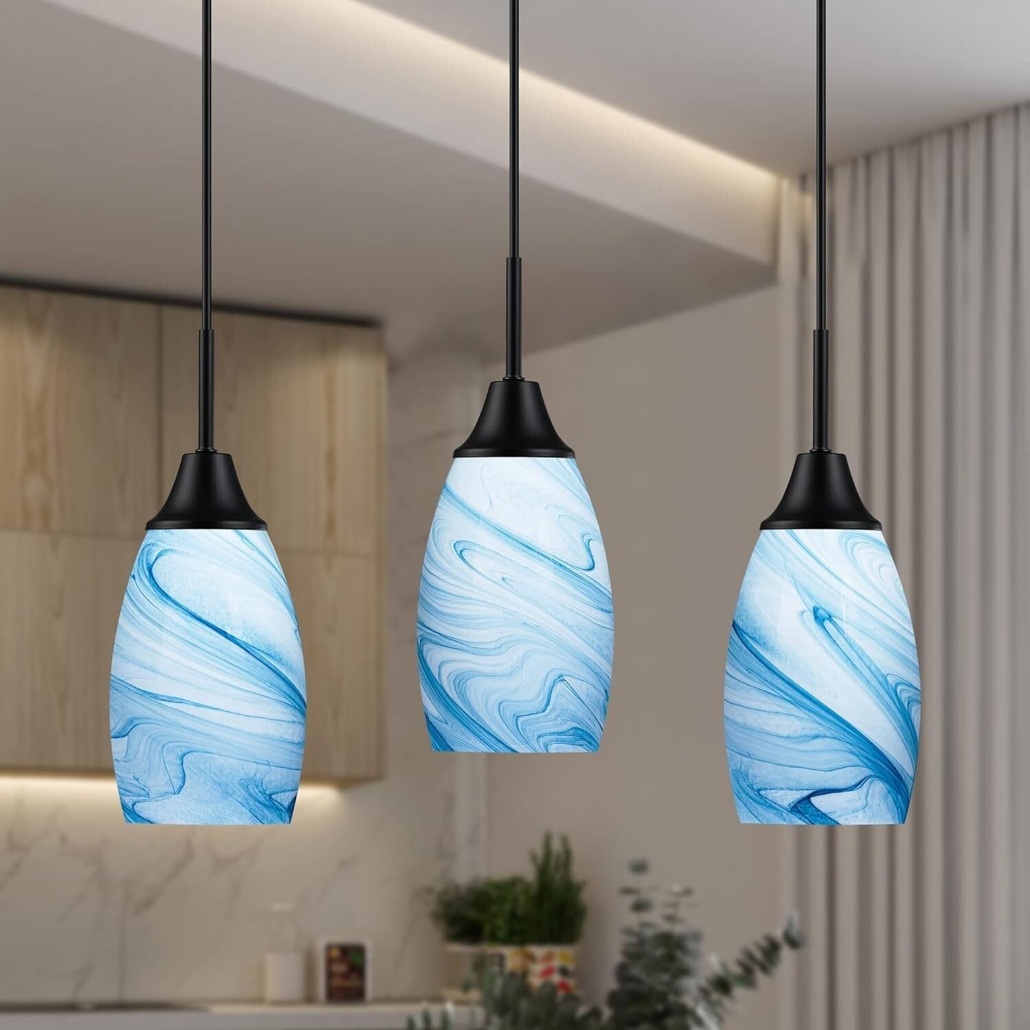Elegant Blue Marble Art Glass Pendant Lighting - 3-Pack Adjustable Fixtures