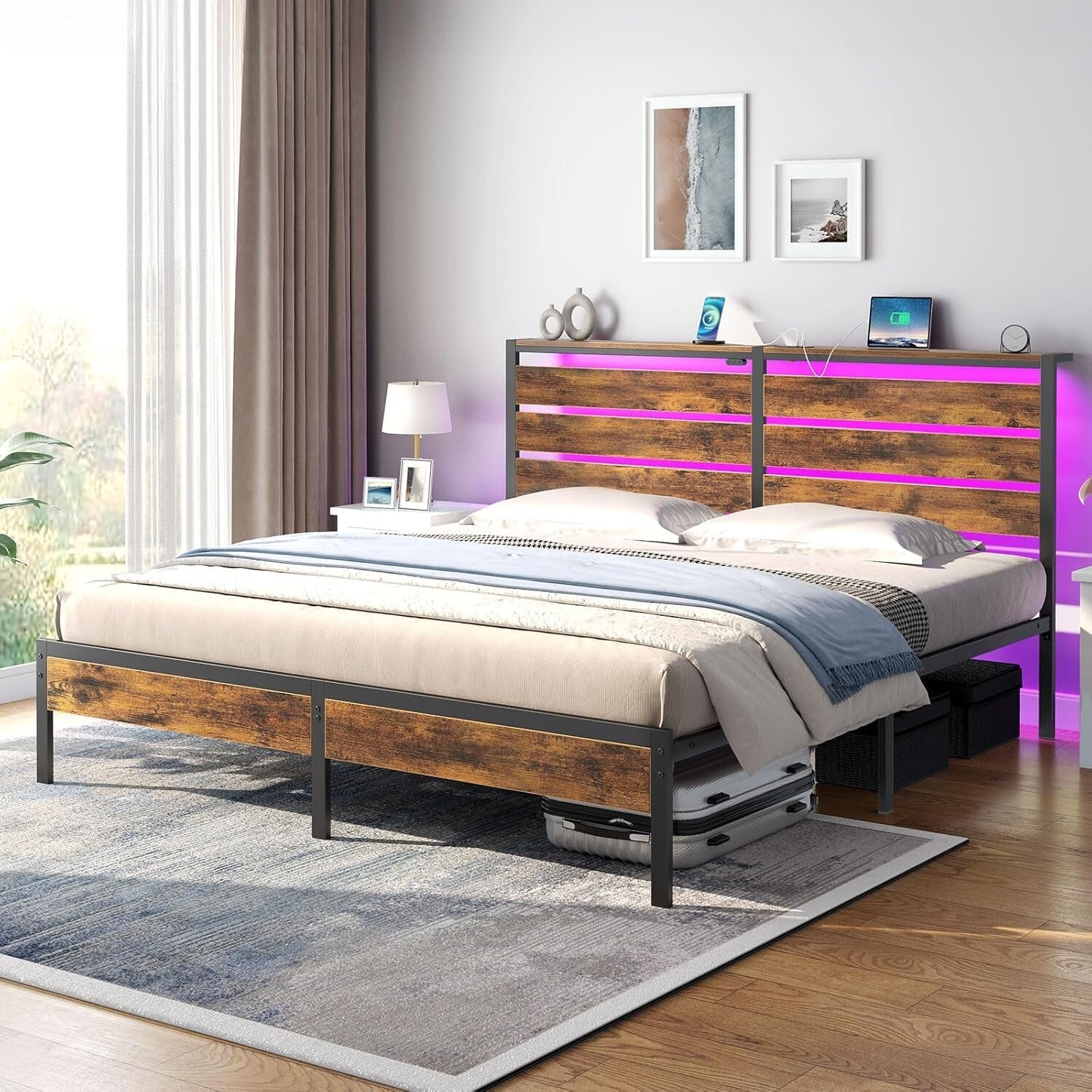 Multi-Functional King Bed Frame with USB Ports, LED Lights & Storage Solutions