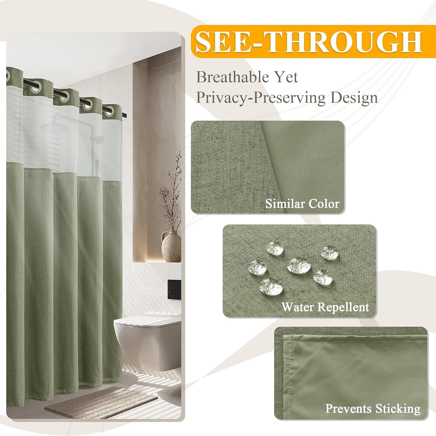 Chic Sage Green Shower Curtain 72x75 - No Hooks, Water-Repellent with Snap Liner
