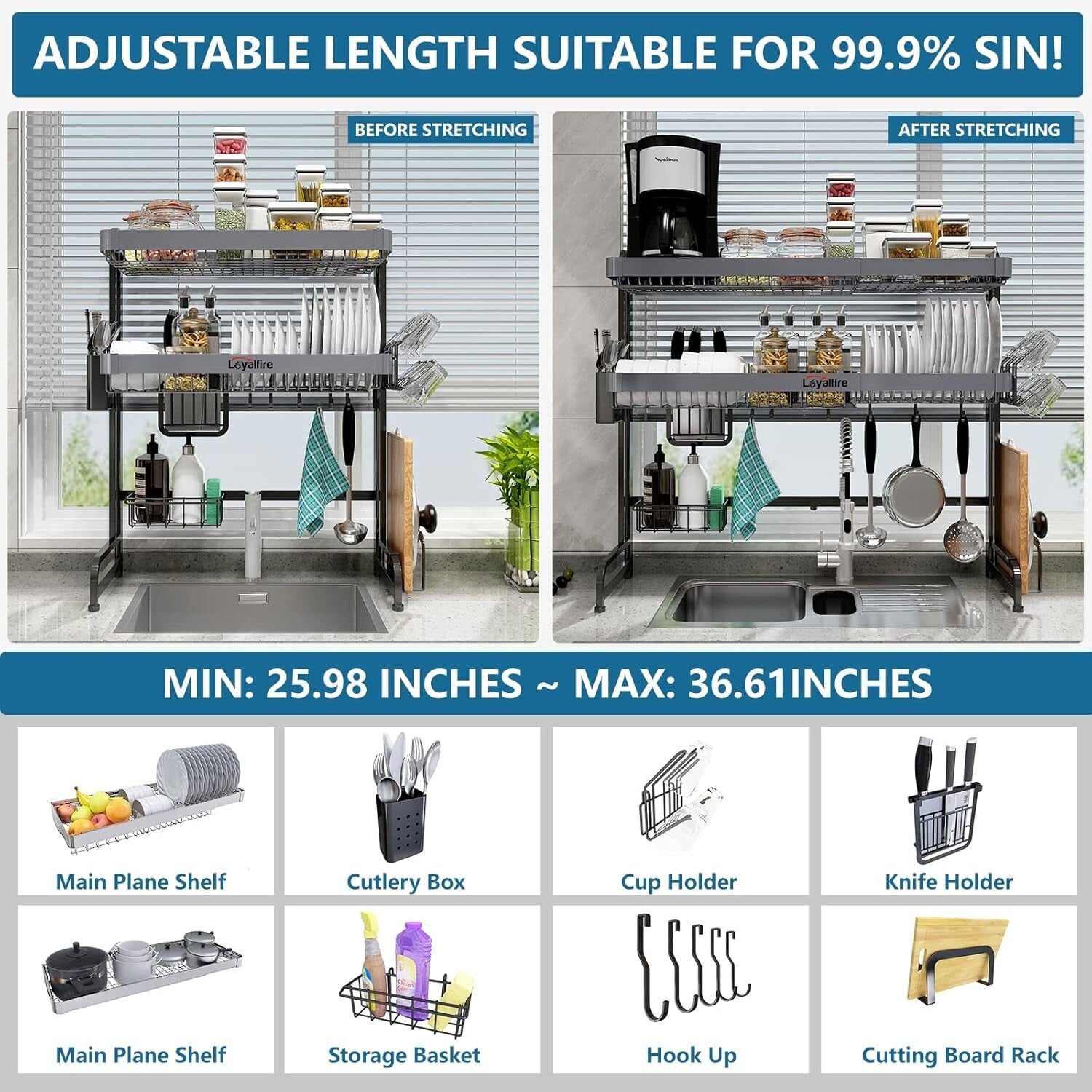 3-Tier Adjustable Over Sink Dish Drying Rack - Stainless Steel Storage Solution