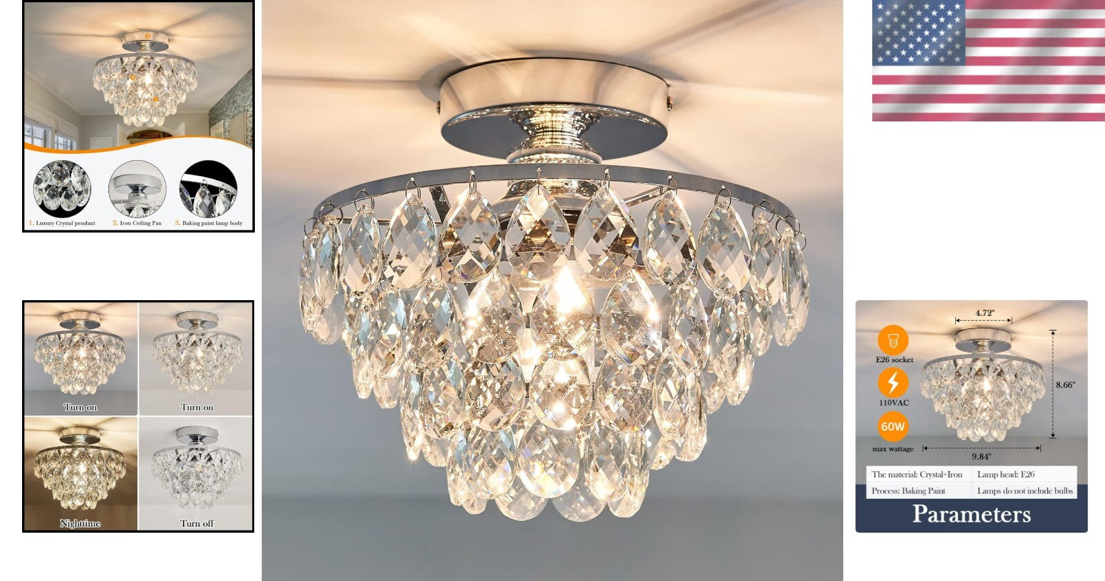 Elegant Small Crystal Chandelier Ceiling Light - Modern Semi Flush Mount Fixture