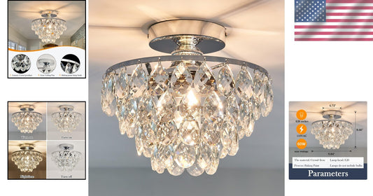Elegant Small Crystal Chandelier Ceiling Light - Modern Semi Flush Mount Fixture