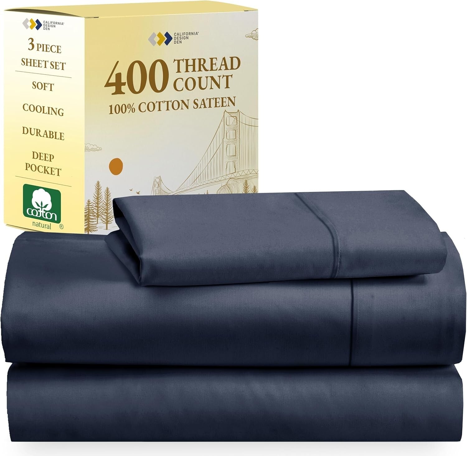 Breathable Cooling Twin Bed Sheets Set – 400 TC Indigo Cotton, Deep Pocket