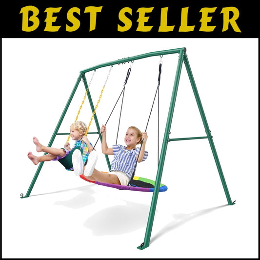 Premium Outdoor A-Frame Swing Set - Includes Saucer & Belt Swing, Easy Assembly