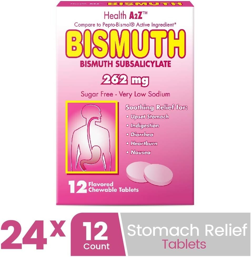 Bismuth Subsalicylate 262mg Chewable Tablets - 24 Pack for Fast Digestive Relief