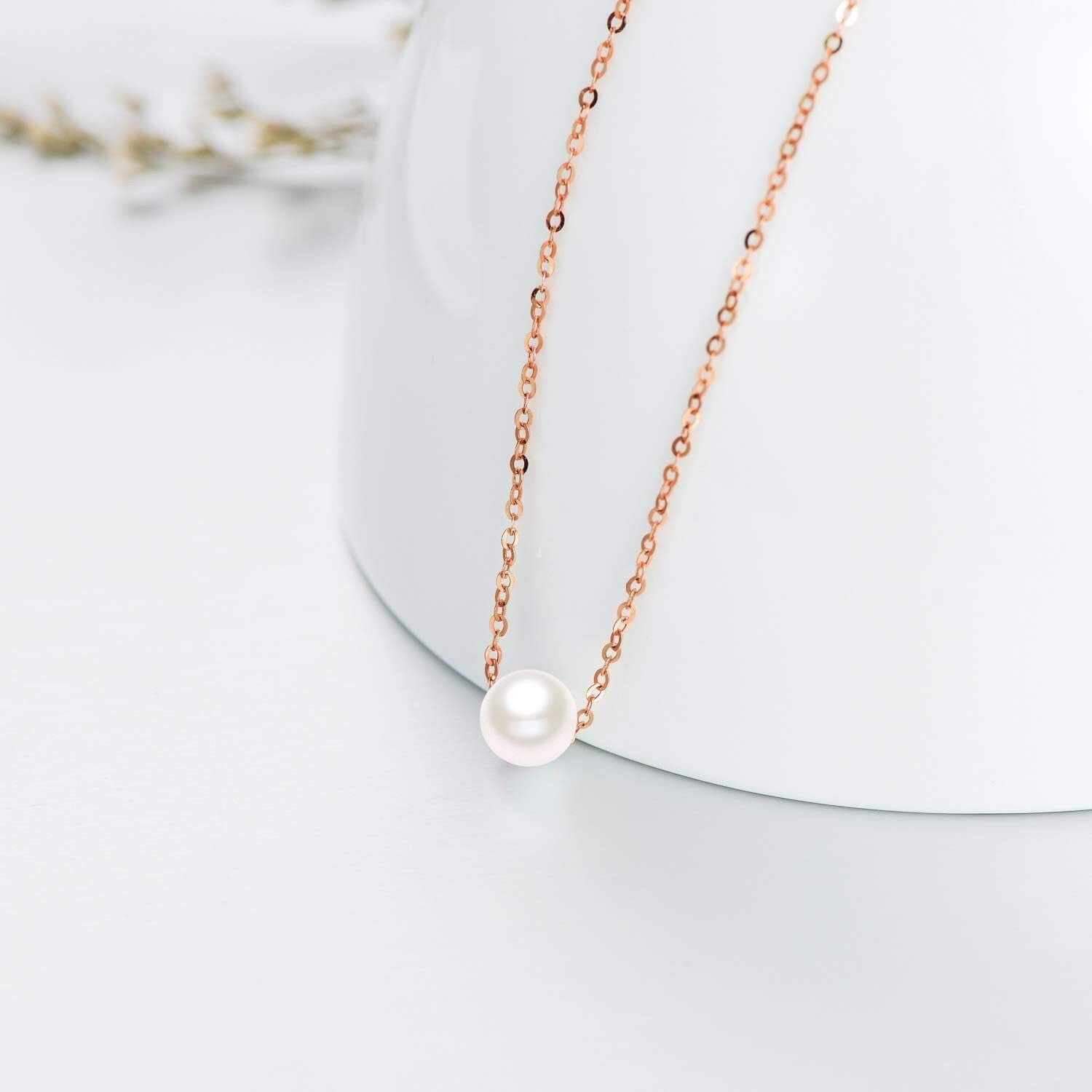 Dainty 14K Gold Pearl Pendant Necklace with Adjustable Rolo Chain 16-18"