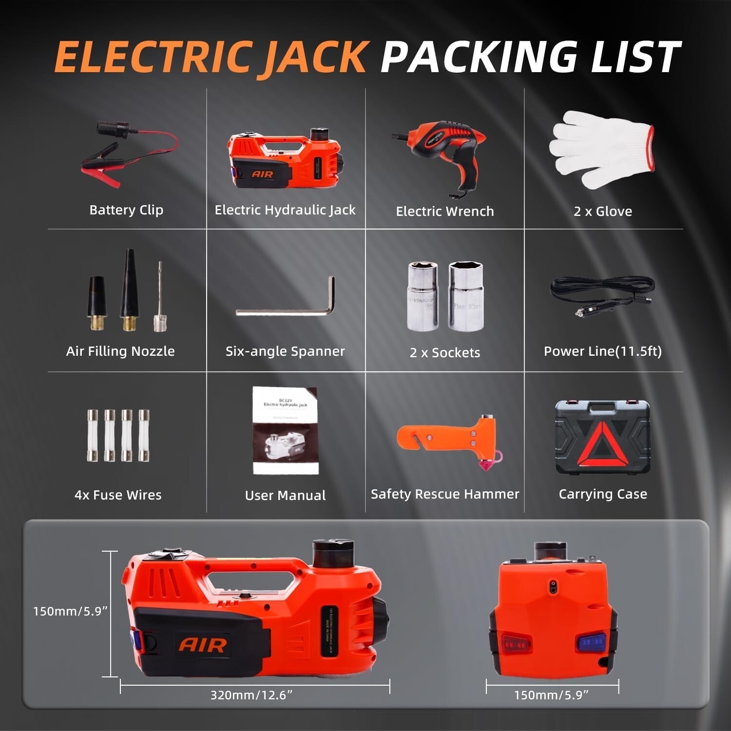 Portable 12V Electric Jack Kit: 5 Ton Capacity with Impact Wrench & Accessories
