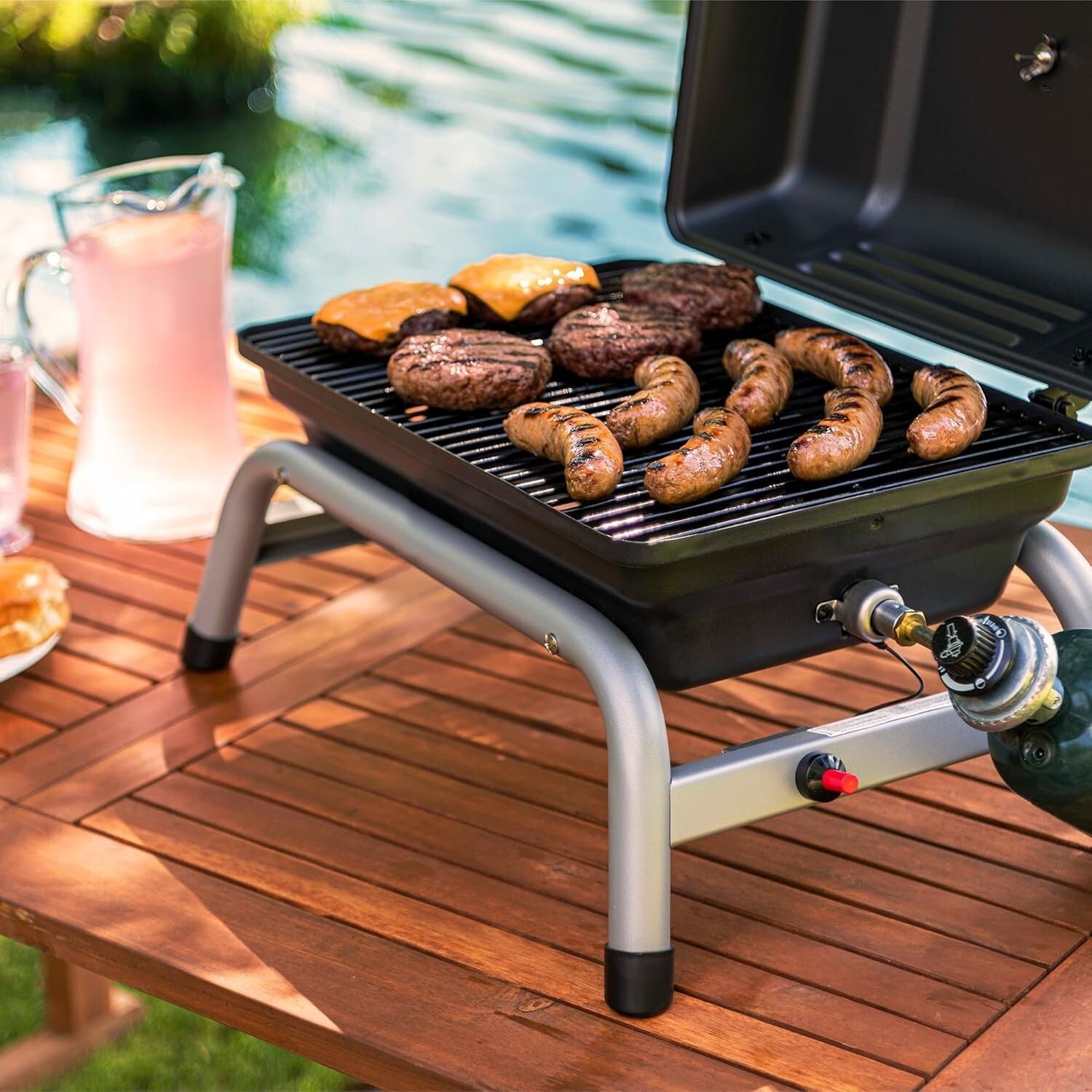 Black Portable Gas Grill with Temperature Gauge and Removable Grease Tray