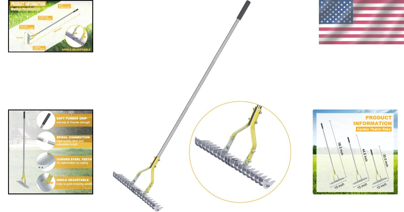 15-Inch Thatching Rake with Adjustable Angle - Durable Stainless Steel Handle