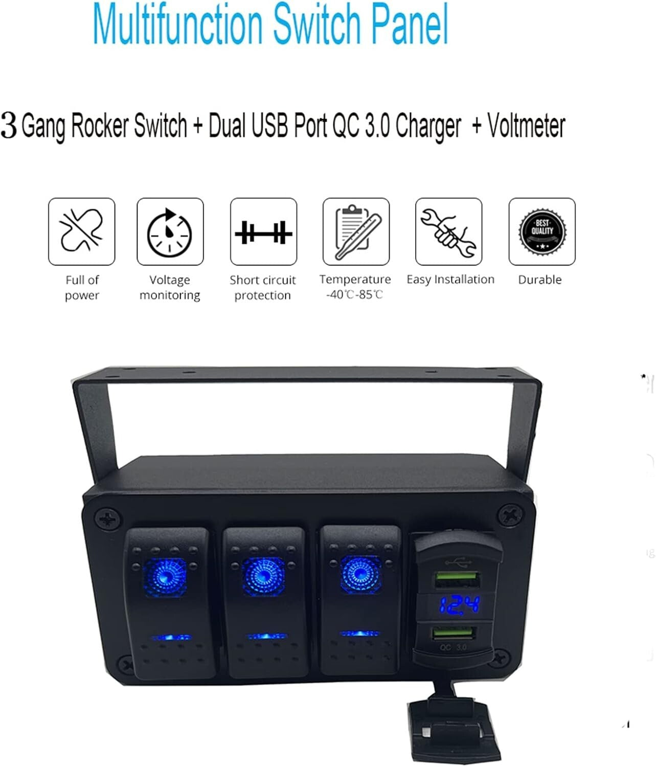 Aluminum Rocker Switch Panel with LED Voltmeter & Dual USB Charger for Boats