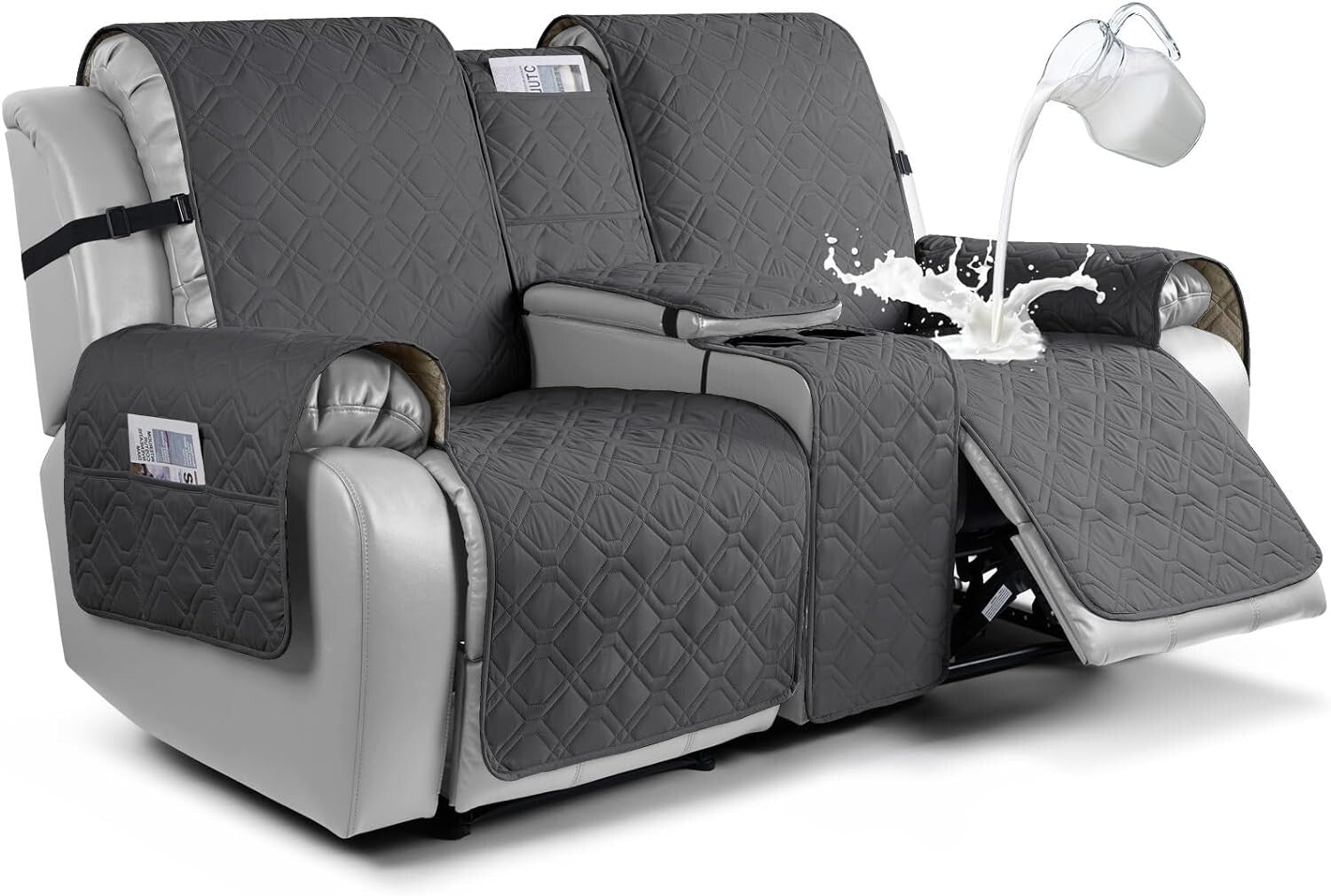 Charcoal Gray Waterproof Loveseat Recliner Cover with Console for Pet Protection