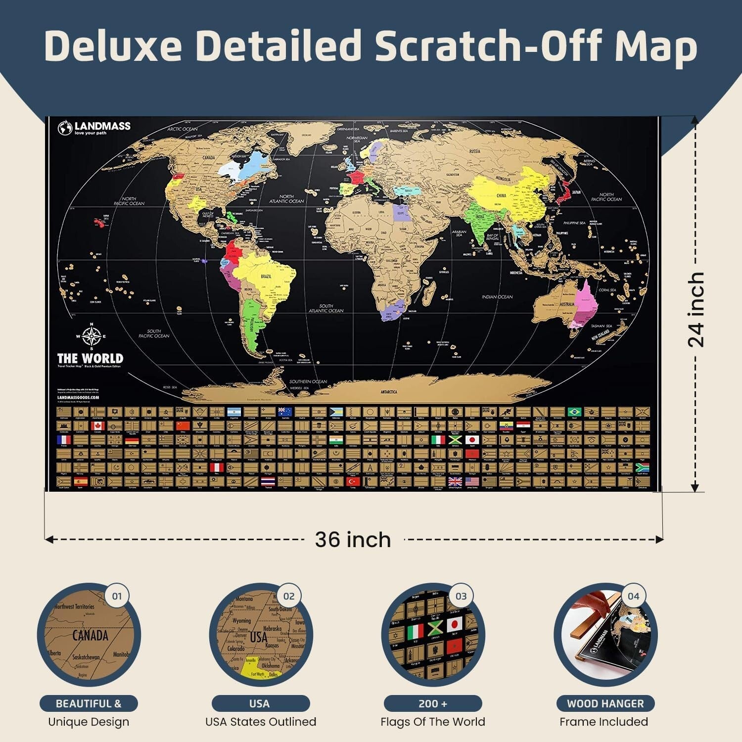 Explore the World - Extra Large Scratch Off Map 36x24 with Elegant Wood Frame