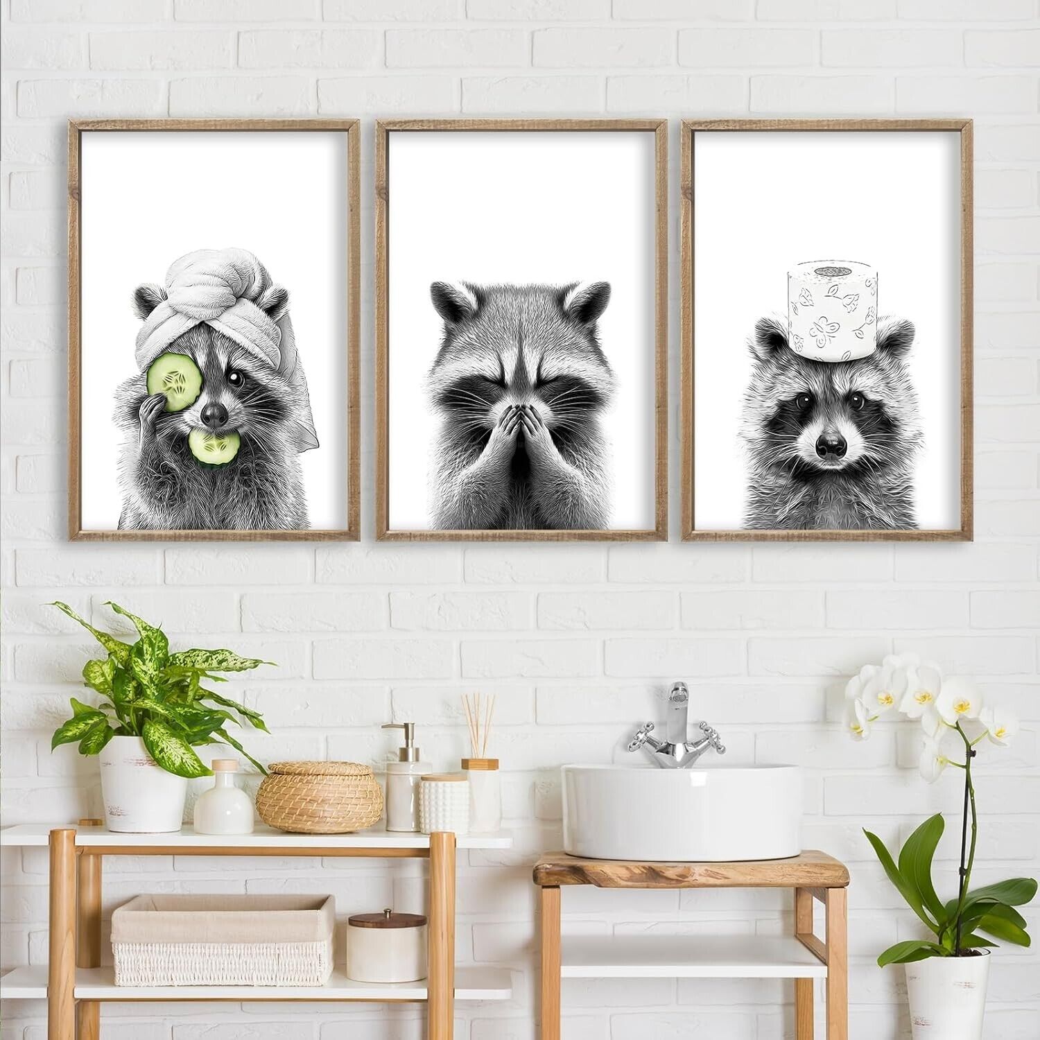Rustic Farmhouse Raccoon Wall Art Set of 3 - Perfect for Modern Bathrooms
