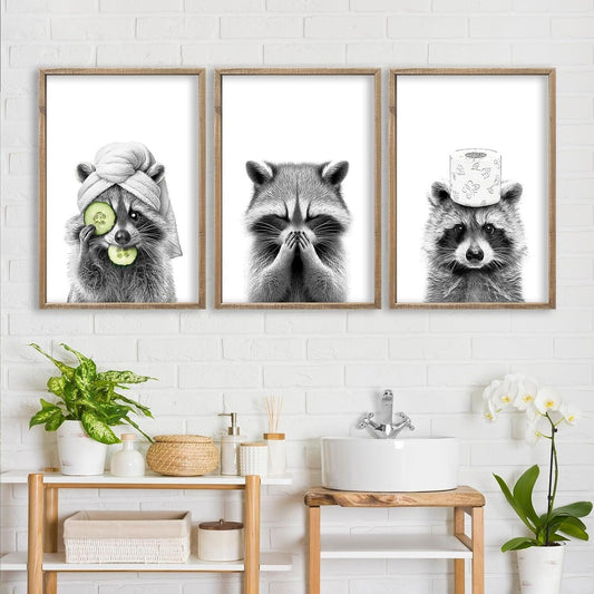 Rustic Farmhouse Raccoon Wall Art Set of 3 - Perfect for Modern Bathrooms