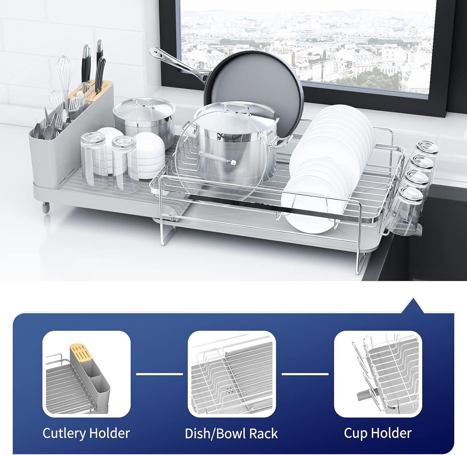 Large Extendable Dish Drying Rack - Rust-Resistant & Adjustable for Counter Use